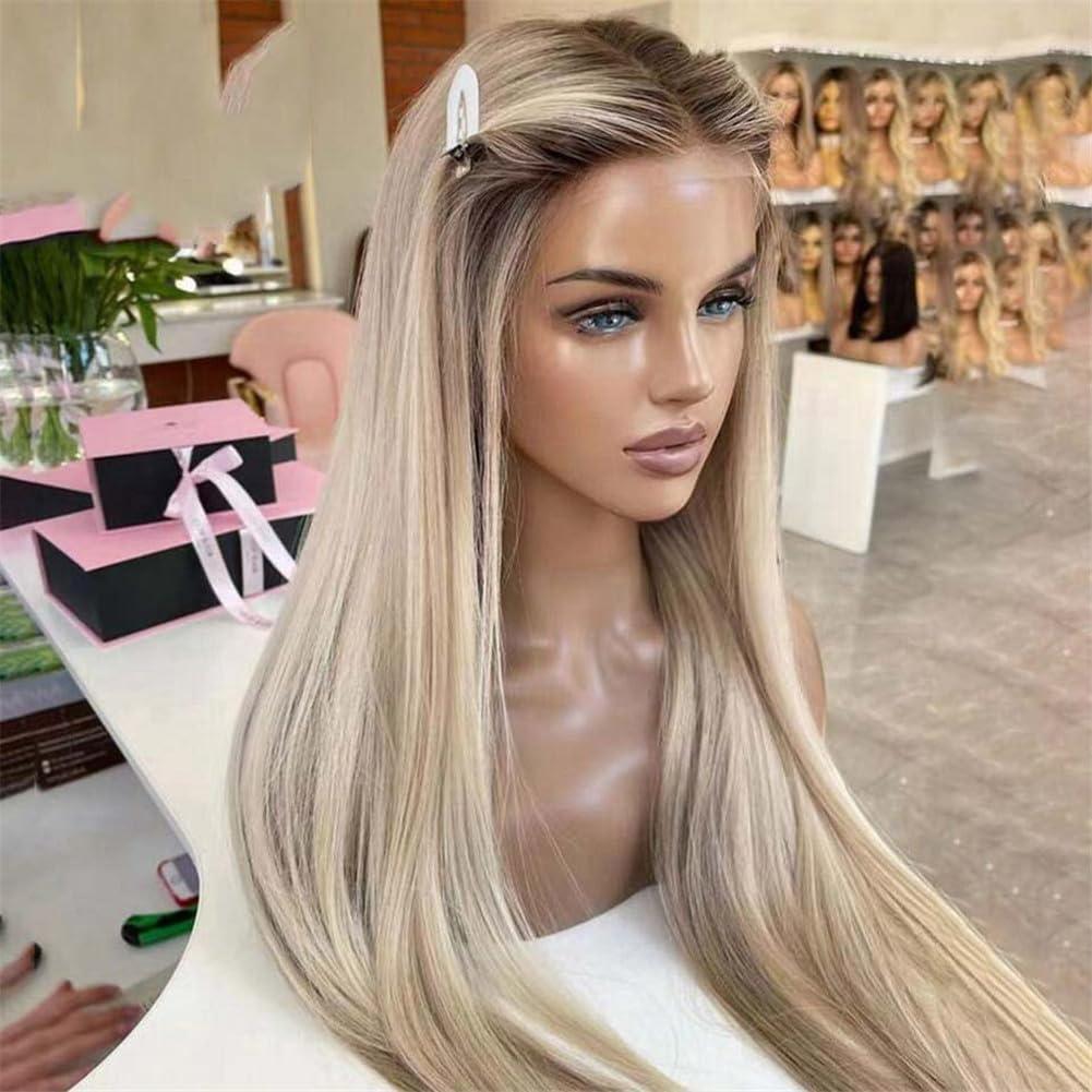 Generic 13X6 Hd Lace Frontal Wig Ash Blonde Highlight Wig Pre Plucked 13X4 Straight Lace Front Human Hair Wigs For Women 13x6 Frontal Wig 28inches#150%