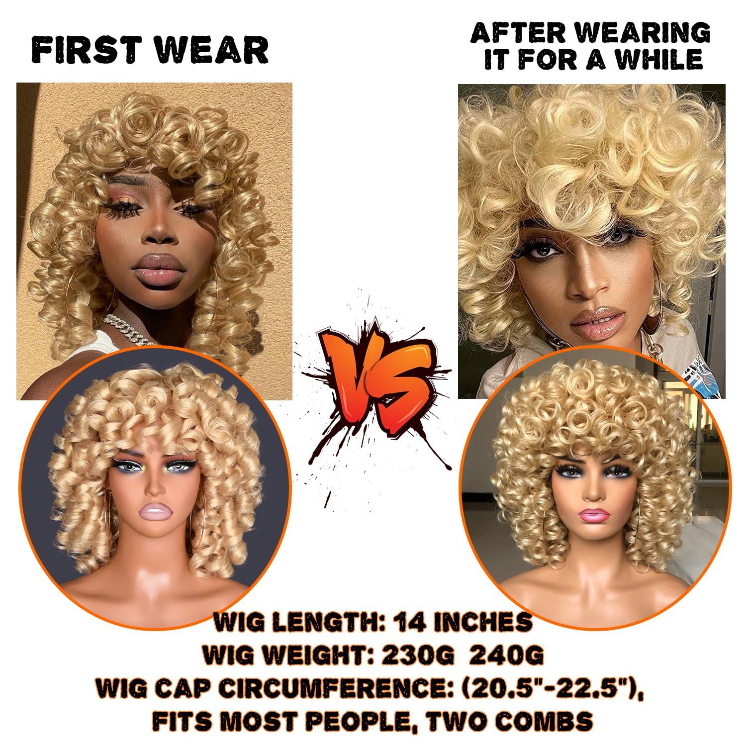 CurlCOO CurlCOO Blonde Curly Wigs for Black Women Short Curly Wig with Bangs Soft Big Loose Cute Afro Kinky Curly Hair 14 Inch Synthetic Wig for Black Women(Blonde)
