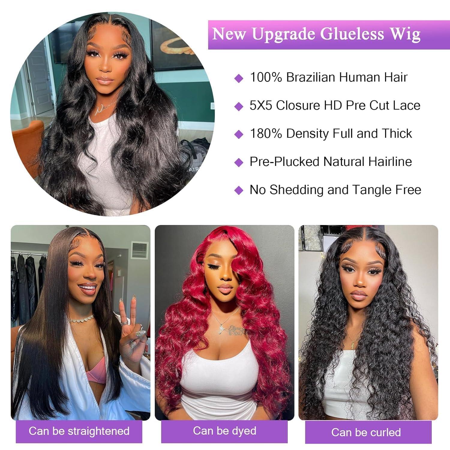 oveflect oveflect Glueless Wigs Human Hair Pre Plucked Pre Cut for Beginners Body Wave 5X5 HD Closure No Glue Wig for Women (34 Inch)