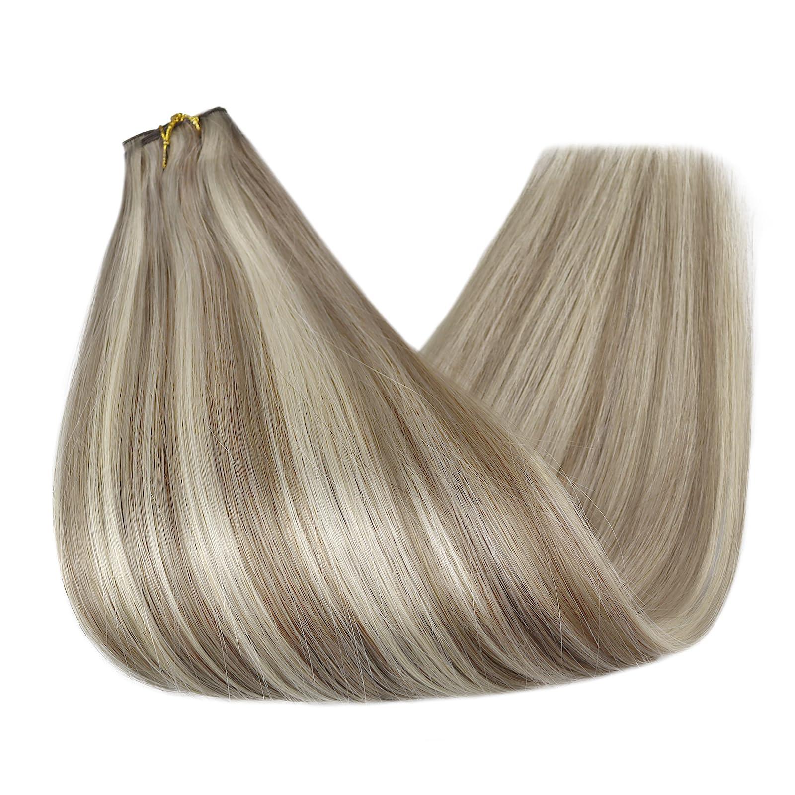 Fshine Fshine Hand Tied Genius Weft 14 Inch 50g Ash Blonde Highlighted Bleach Blonde Sew in Hair Extensions Remy Human Hair Weave Real Human Hair for Women Highlight Hair Genius Weft Natural Hair