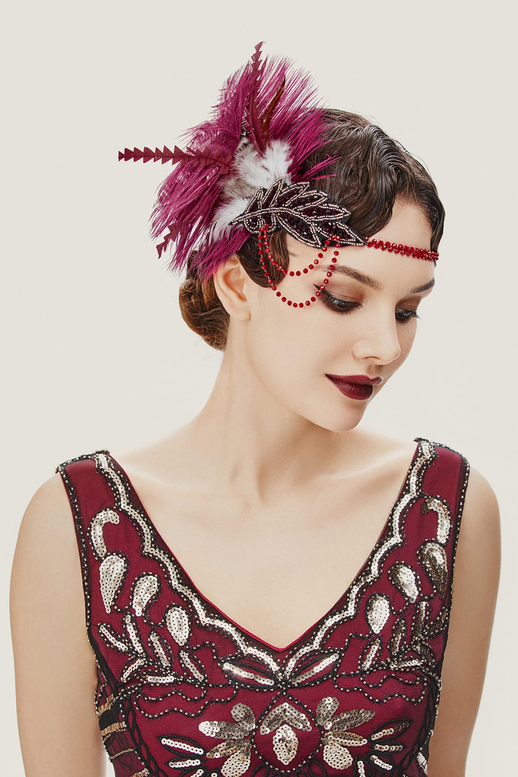 BABEYOND BABEYOND 1920s Headpiece Flapper Headband - Roaring 20\'s Sequined Showgirl Hair Band with Feather (Wine Red)