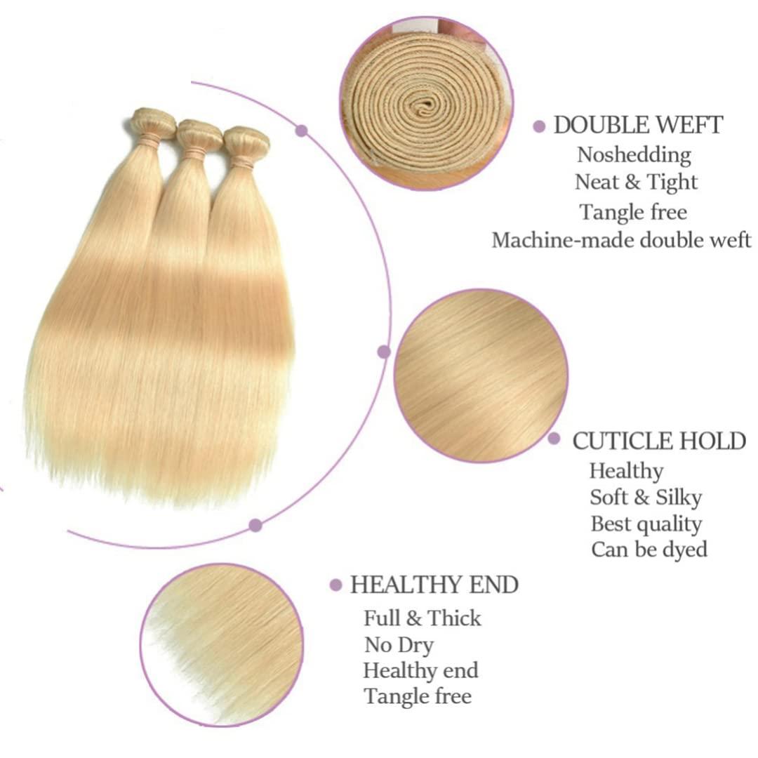 FInspiational 613 Blonde Bundles With Closure Brazilian Straight Hair Remy Human Hair Weave Bundles 613 Honey Blonde Bundles With Closure 24 26 28 & Closure20