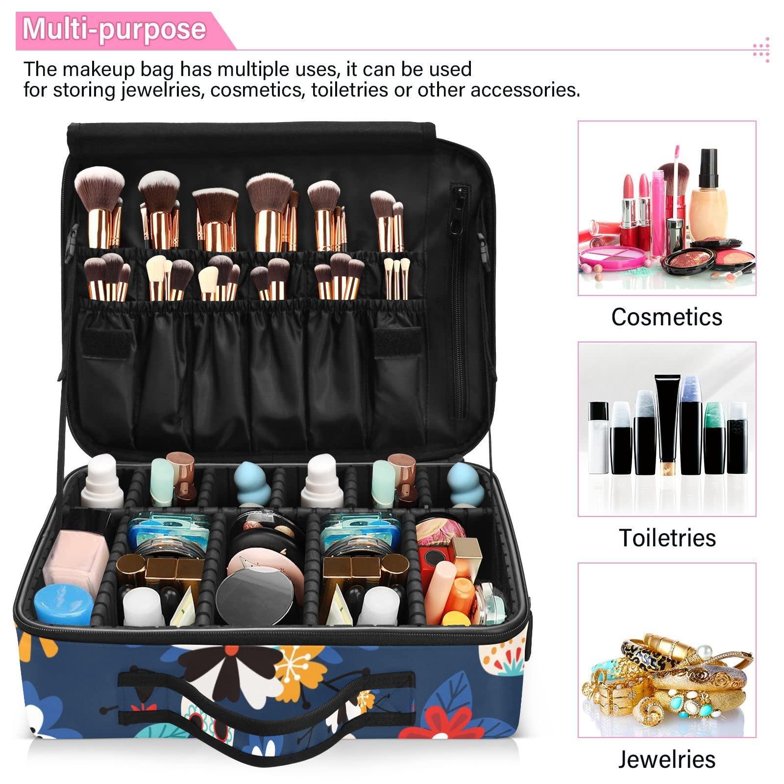 QwThum QwThum Travel Makeup Train Case Large Makeup Bag Cosmetic Organizer Box Professional Artist Cosmetic Organizer Box with Adjustable Dividers Shoulder Strap Some Blue Skull