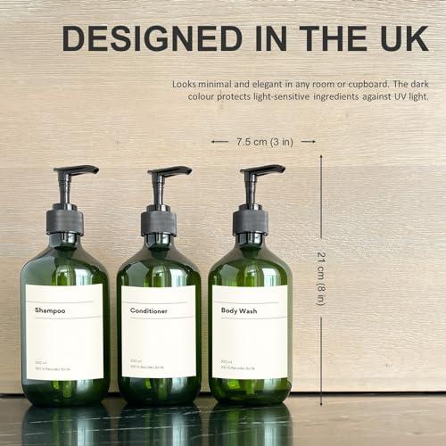 Native Green Recycled Plastic Pump Bottle Dispenser 3 x 500ml, Bathroom Bottles with Labels, Empty Refillable Shampoo and Conditioner Dispenser Bottle with Pump for Liquid Hand Soap, Shower Gel, Body Wash, Lotion