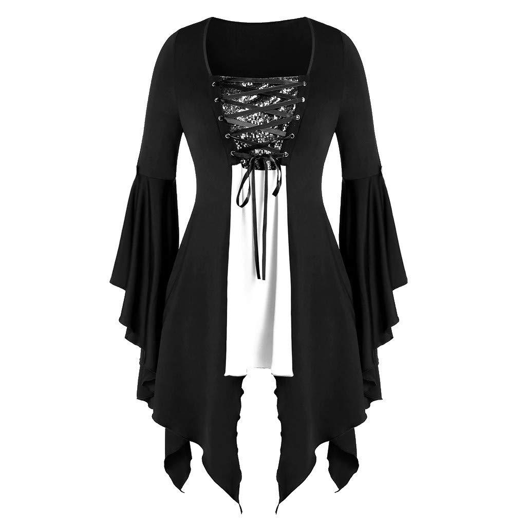 Aniywn Aniywn Plus Size Womens Halloween Tops, Flare Long Sleeve Sequined Lace Up Gothic Costume Tunic Tee Shirt White