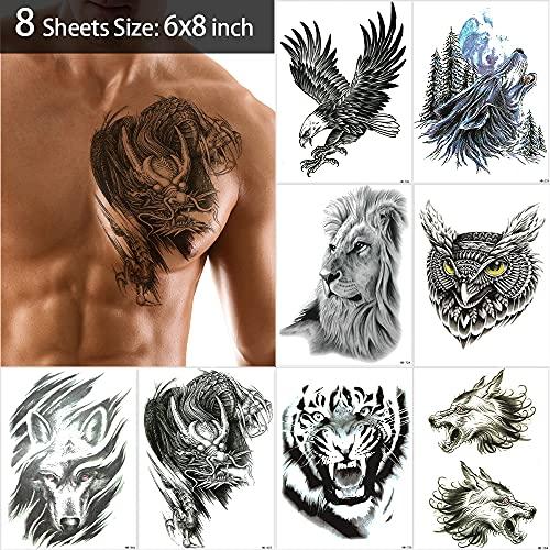 AWLEE 45 Sheets Temporary Tattoo Stickers Black for Men (8 Large Eagle Owl Wolf Tiger Dragon Lion Tribal Totem Pattern) 37 Small Waterproof Fake Tattoos Shoulder Chest Body Art Makeup Removable (Pattern1)
