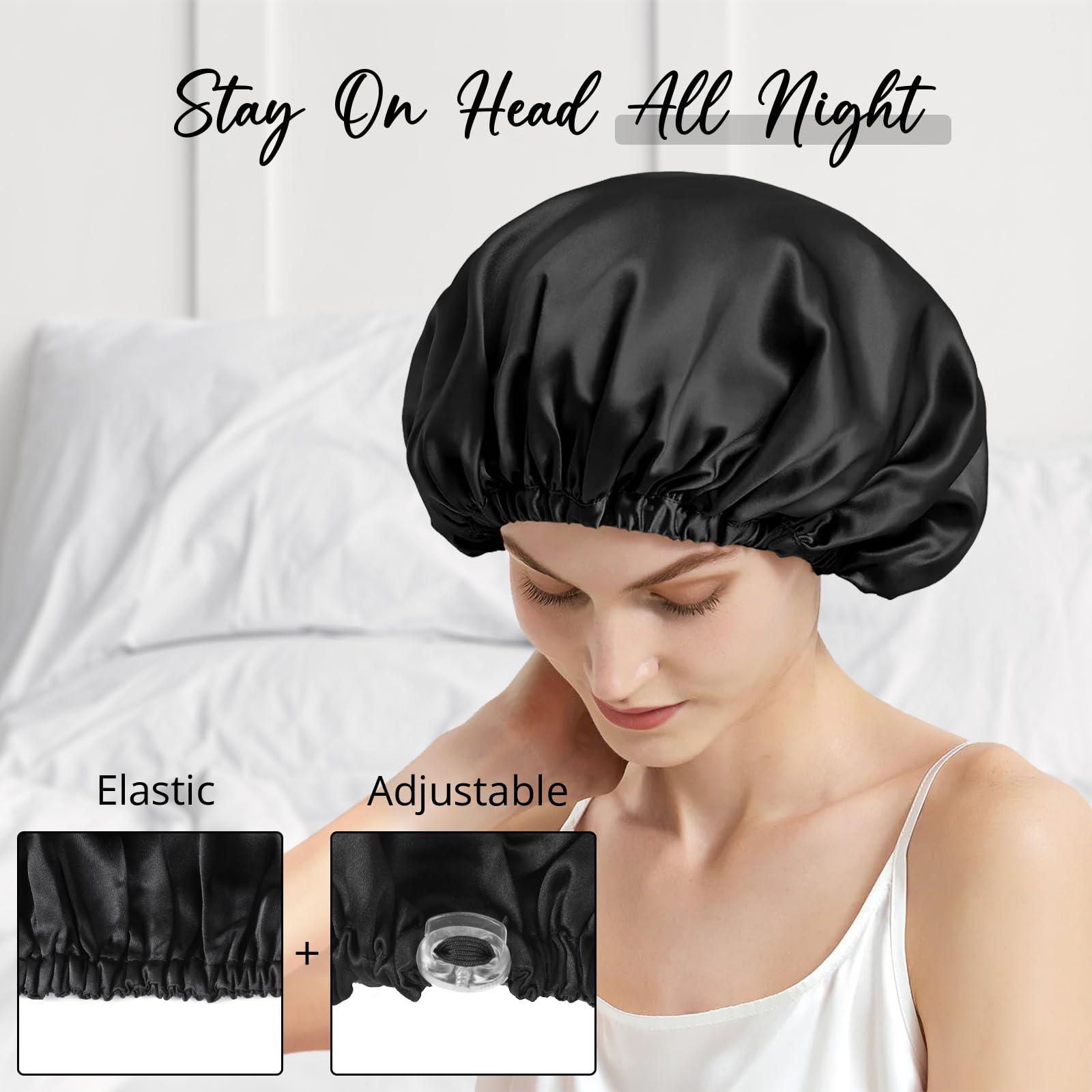WIGI WIGI 100% Mulberry Silk Bonnet with Scrunchie Gift for Women, Silk Bonnet for Sleeping, Shower Cap Hair Bonnet, Silk Hair Wrap for Hair Care (100% Mulberry Silk (Round design), Black)