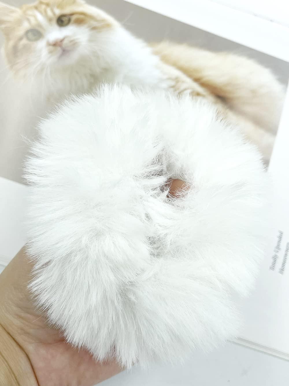 LOPURO Faux Fur Hair Scrunchies, Pom Pom Hair Tie Furry Hair Bands with Faux Rabbit Fur Fluffy Elastic Hair Bobbles Ponytail Holders Women Hair Accessories