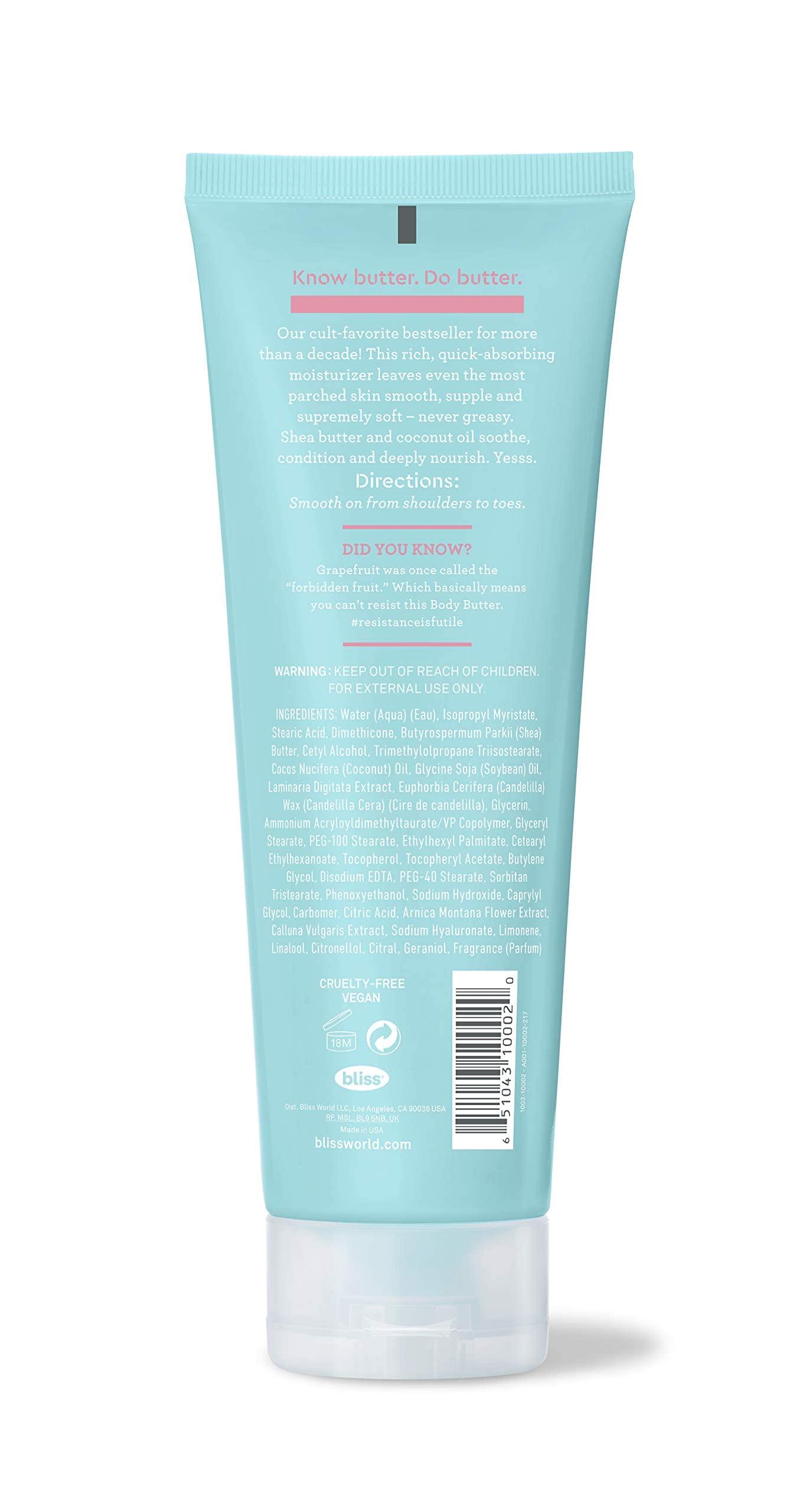 Bliss Bliss Hydrate and Exfoliate Duo Body Butter - Grapefruit and Aloe - Maximum Moisture Cream - 6.7 Fl Oz - Body Lotion for Dry Skin Satin-Skin Body Polish - Lemon and Sage - Body Scrub wit