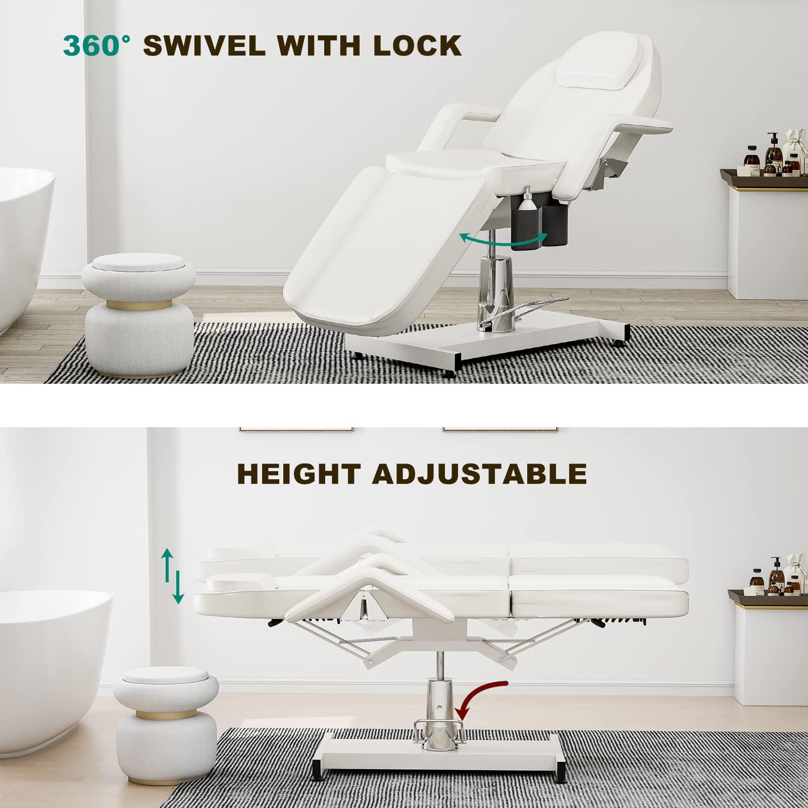 SyyBhb SyyBhb 360 Swivel Tattoo Bed Height Adjustable, Tattoo Hydraulic Chair for Esthetician with Storage Pocket, 3-Section Folding, White