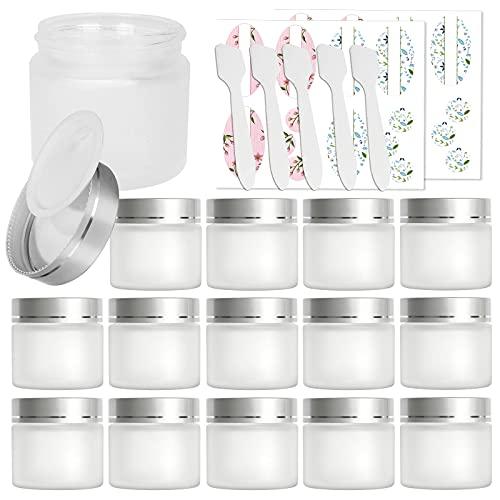 Betrome 15 Pack, 2 oz 60ml Frosted Glass Jars with Silver Lids & Inner Liners, Empty Matte Clear Round Refillable Cosmetic Containers Travel Jars for Cosmetics,Body Butter,Scrubs,Face Cream Lotion and More
