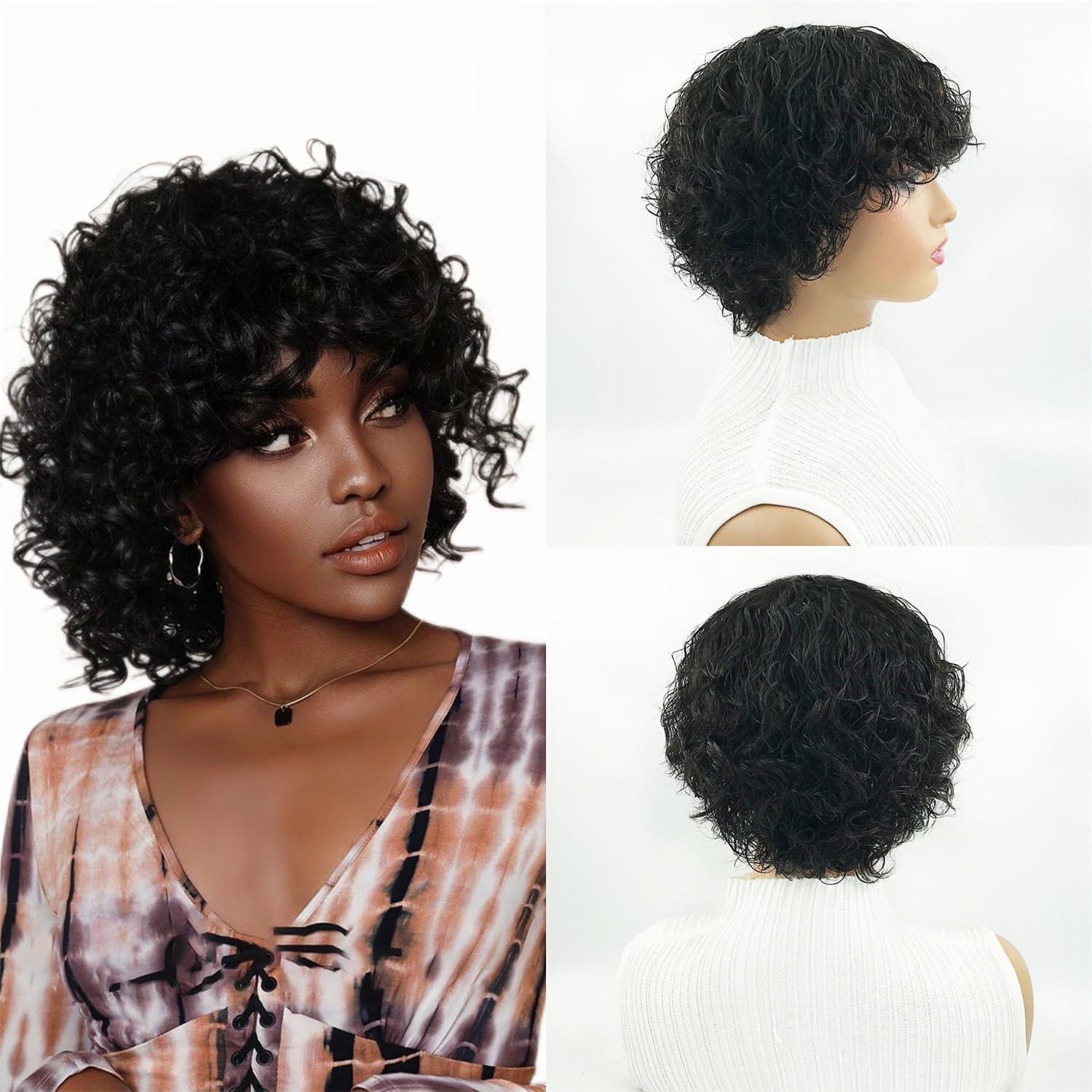Afinska Afinska Kinky Curly Human Hair Wig Pixie Bob Cut Wig With Bangs Short Pixie Human Hair Wig Curly Pixie Cut Wig Human Hair Natural Black Brazilian Glueless Short Wig Bob Wigs Human Hair