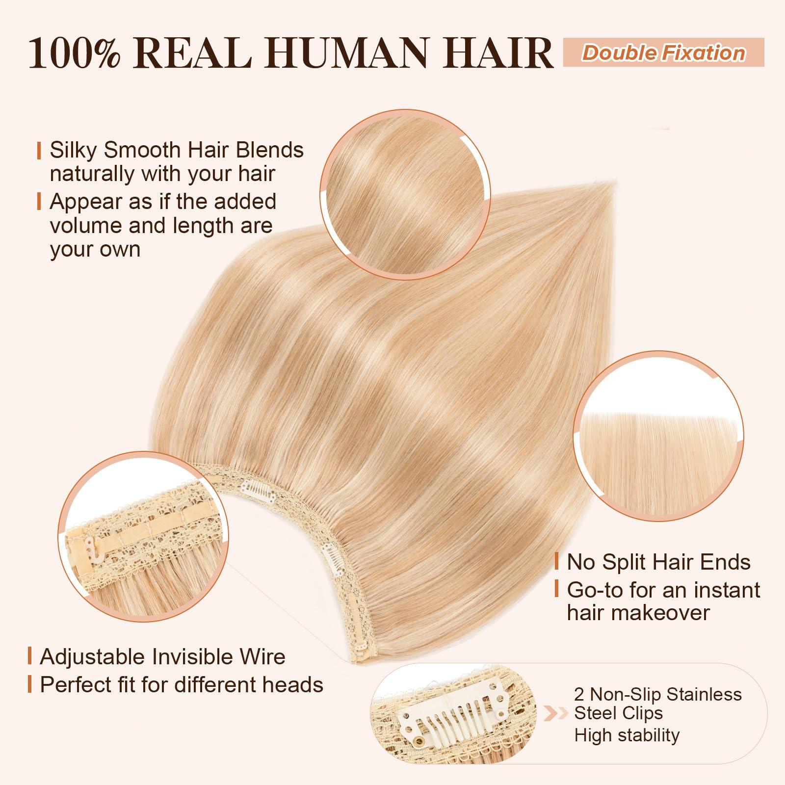 S-noilite Halo Hair Extensions Real Human Hair,S-noilite Halo Hair Extensions,Halo Hair Extension for Women,100% Human Hair Halo Extensions,Halo Hair 70g/20inch 18P613 Gold Blonde Mixed Bleach Blonde