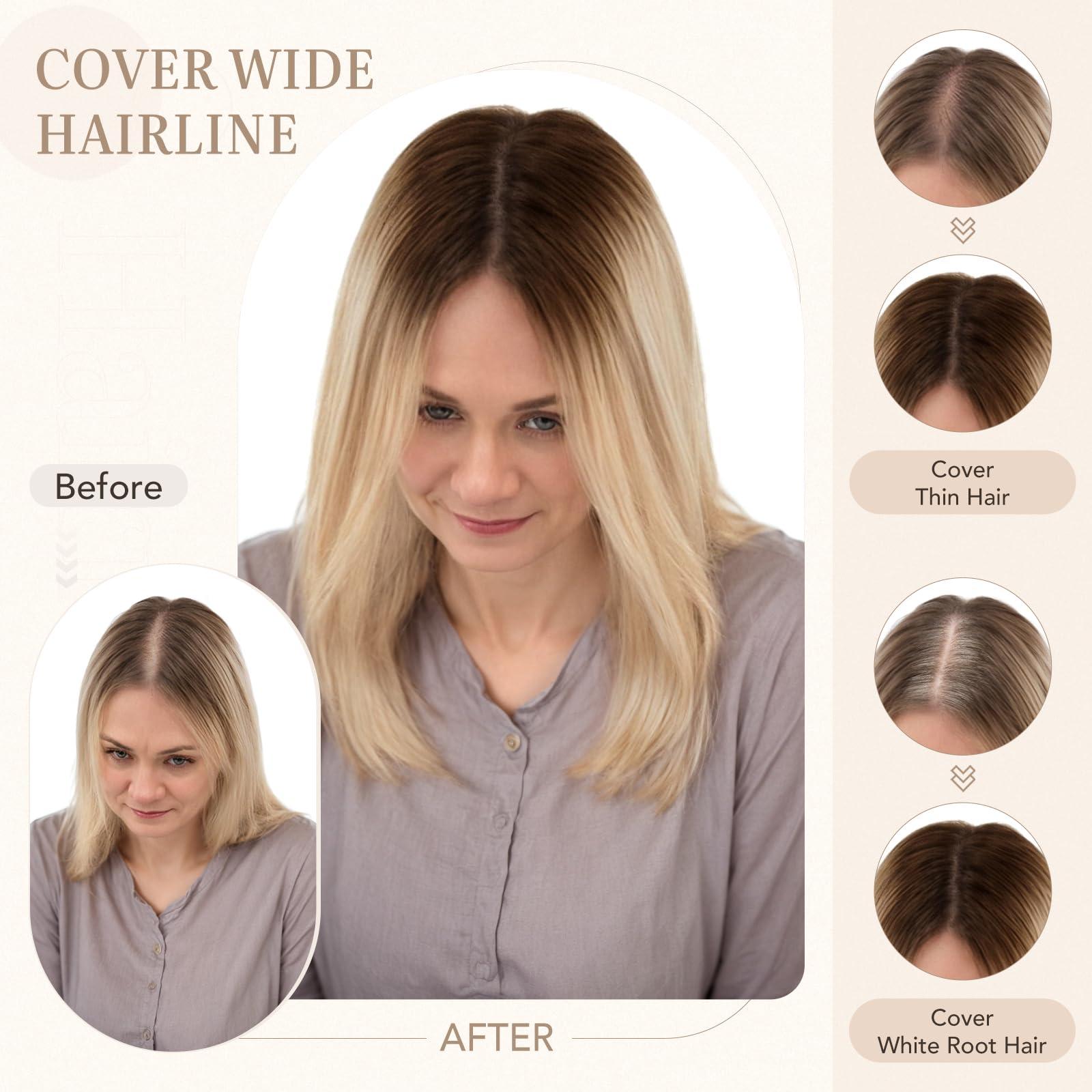 Hairro Hairro Hair Toppers For Women Real Human Hair Top Hair Pieces For Thinning Hair Short Topper Hairpiece Remy Toupee On Top 10 Inches 36g #JLT613 Medium Brown Ombre to Bleach Blonde