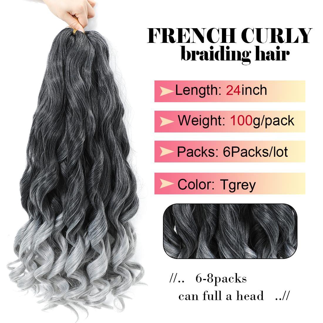 WIPPORYA WIPPORYA French Curly Braiding Hair 24 Inch 6 Packs Black Loose Wave Bouncy Crochet Hair Pre Stretched 100g/pack Yaki Curly Braiding Hair for Black Women Hair Extensions ((Pack of 6),24inch,tgray)