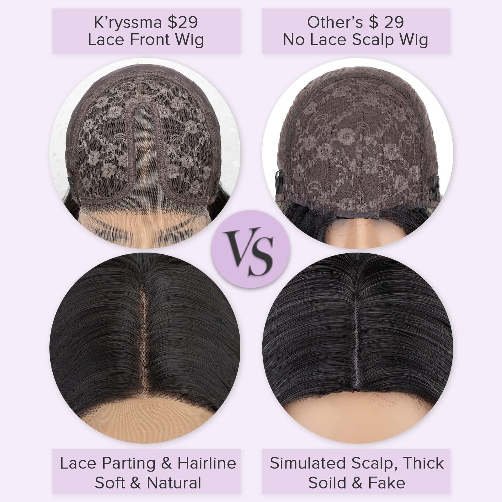 K'ryssma K'ryssma Black Synthetic Lace Front Wig Body Wave 180% Density Glueless Long Black Wig for Black Women T Part Black Wavy Synthetic Wig with Natural Hairline