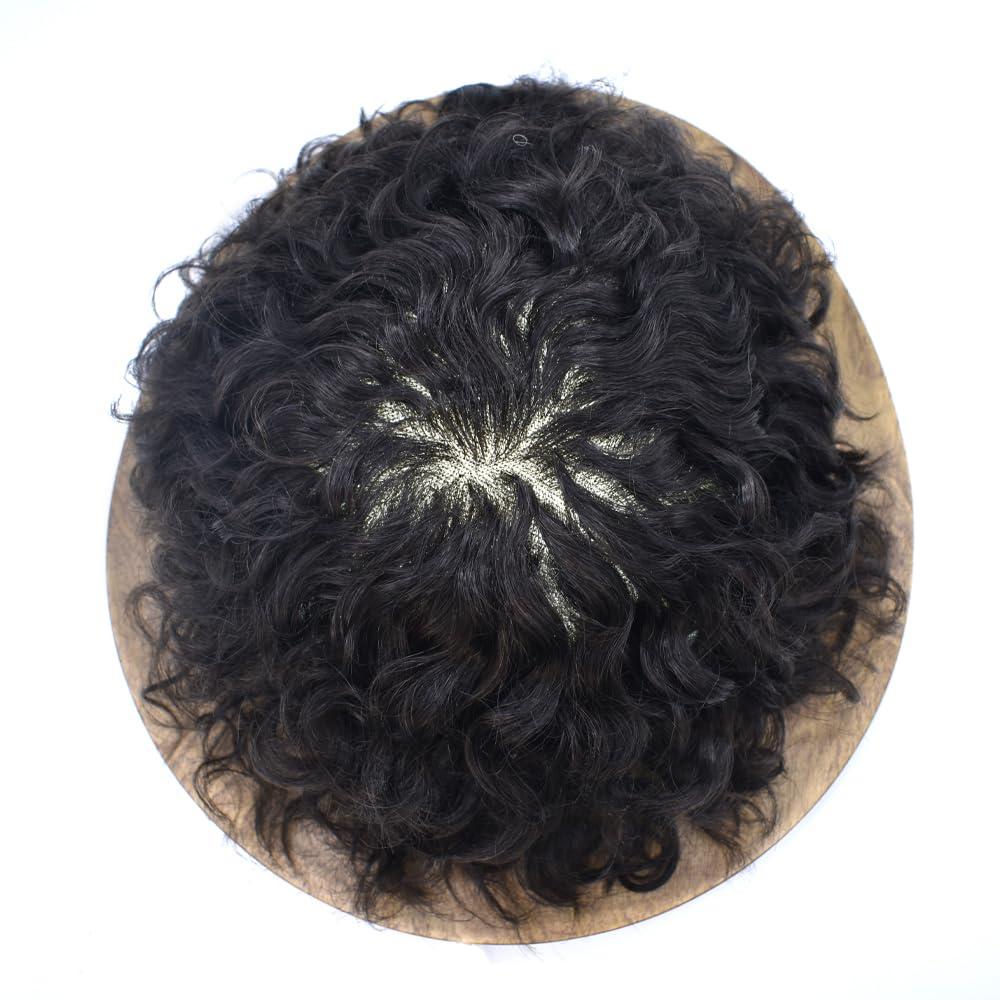 JUST HAIR Mens Toupee 25mm Curly Wave Hair Unit for Men Fine Mono Black Hair Replacement System Poly Skin Around Hair Piece (8X10, 1B Off Black-25mm curl)