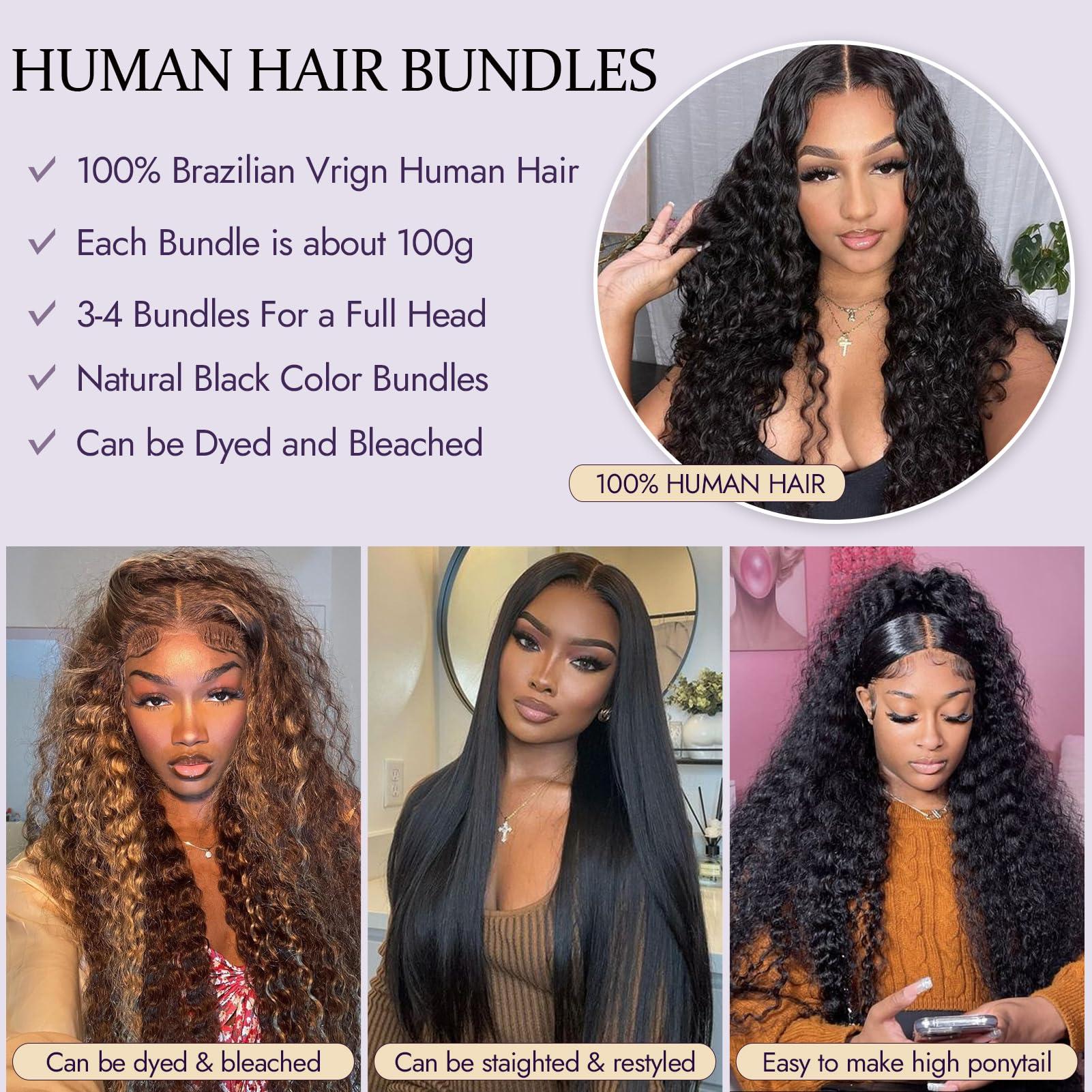 WKONE 28 28 28 Inch Deep Wave Bundles Human Hair 12A Brazilian Deep Wave Human Hair Bundles 100% Unprocessed Virgin Deep Curly Human Hair Weave 3 Bundles Natural Color Water Wave Bundles