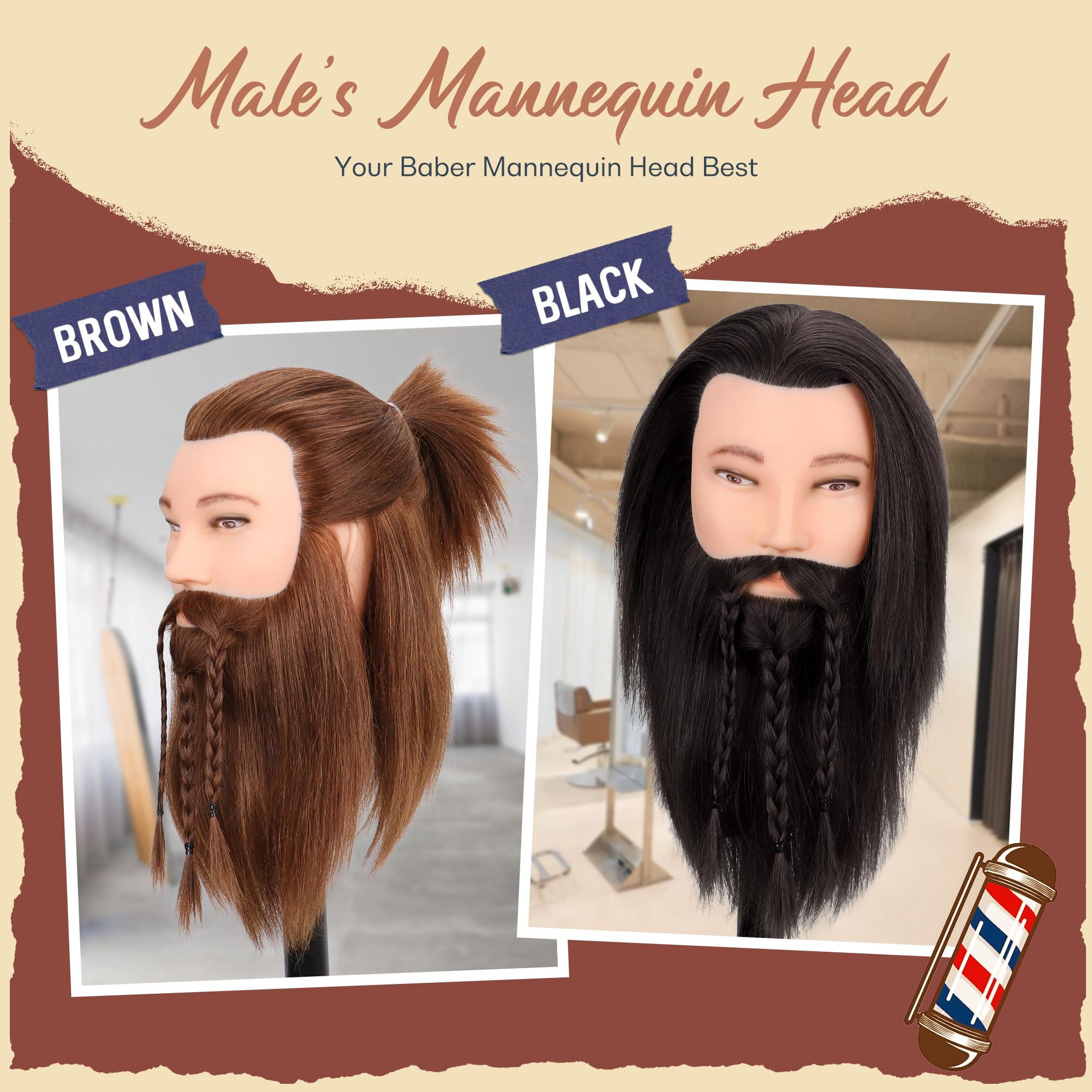 MannequeenHead Male Mannequin Head with Human Hair Barber Mannequin Head Beard Practice Male Haircut 100% Manikin Head Doll Head for Hairdresser Cutting Styling with Clamp Stand-Black