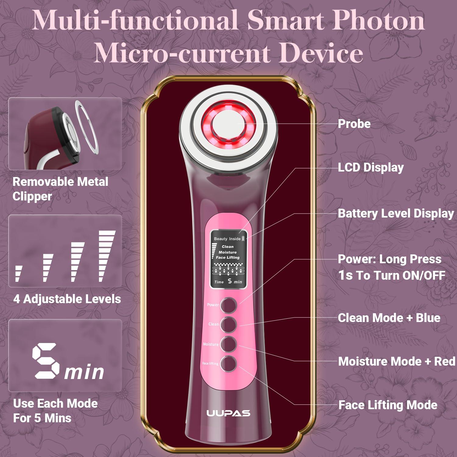 UUPAS Smart Photon Micro-Current Device - UUPAS LED Red Blue Light Therapy Wand Device for Face - Microcurrent Facial Device
