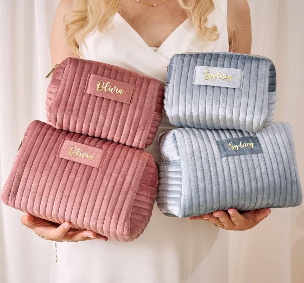 LalatiFy LalatiFy Custom Cosmetic Bag Personalized Makeup Bag with Logo/Photo/Labeled Design,Velvet Quilted Travel Toiletry Pouch Accessories Brushes Girls Women Gift for Wedding Birthday,Big Pink/Blue