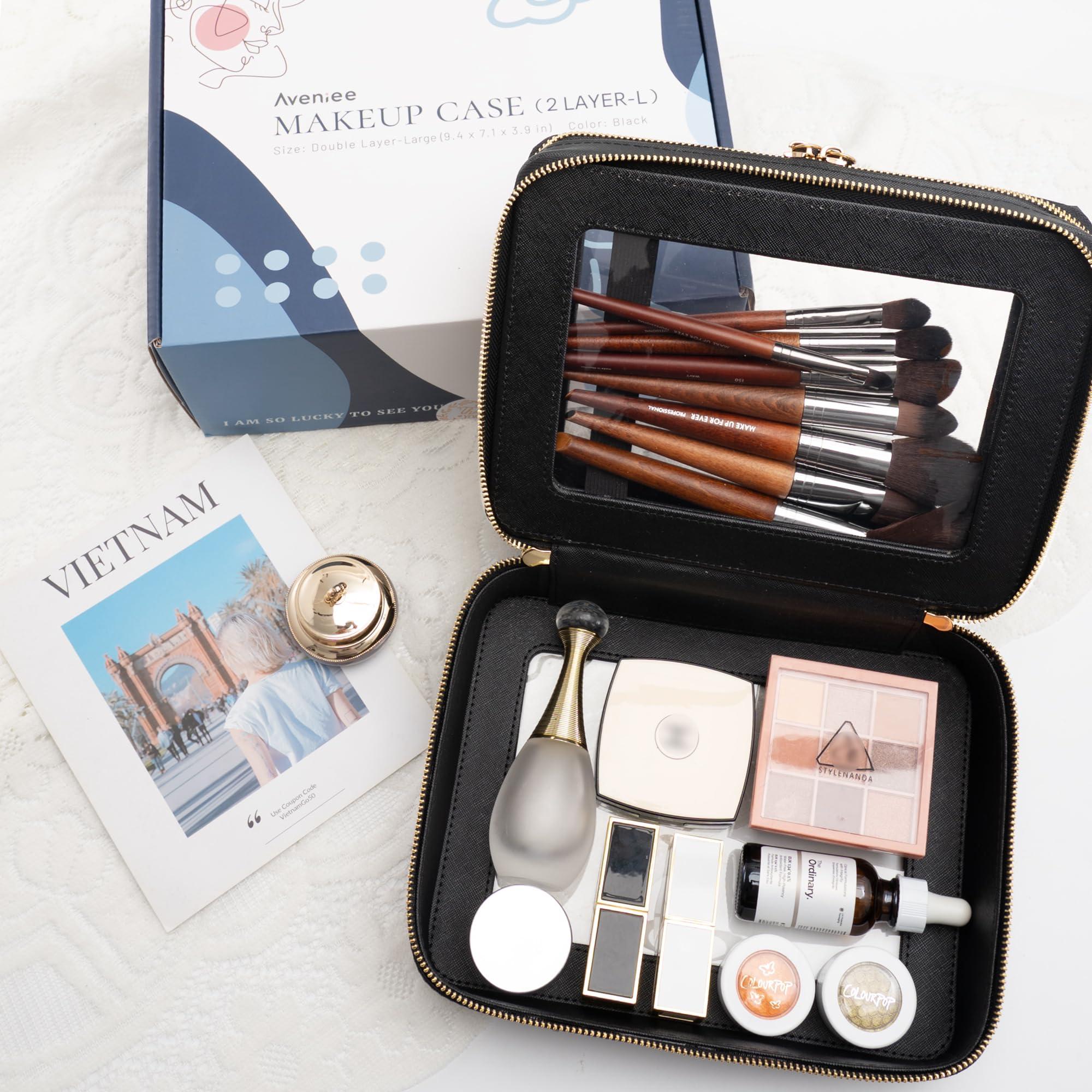 Aveniee Aveniee Clear Makeup Bags, Double Layer Cosmetic Bags with a Separate Brush Compartment, Travel Toiletry Bag Train Case for Women, Travel Accessories Organizer for Purse(2 Layers Large, Black)