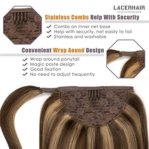 Lacer Lacer Real Hair Ponytail Extension Ombre Chocolate Brown to Caramel Blonde Pony Tails Extensions Human Hair Long Straight Wrap Around Human Hair Ponytails for Women Hair Piece 22 Inch 90g
