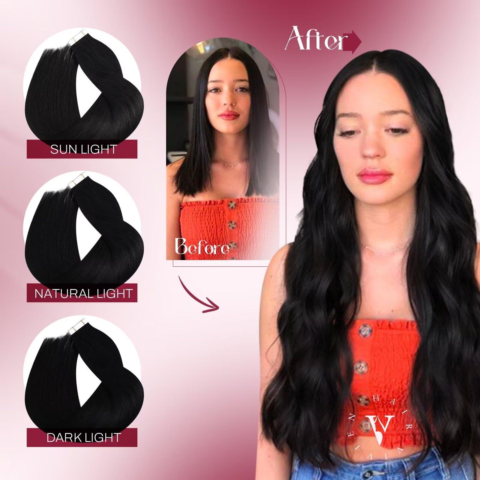 Vivien Vivien Tape in Hair Extensions Human Hair 24 Inch Invisible Real Human Hair Tape in Extensions Jet Black Tape in Extensions Reamy Hair Black Long Straight Human Hair 20pcs 50G