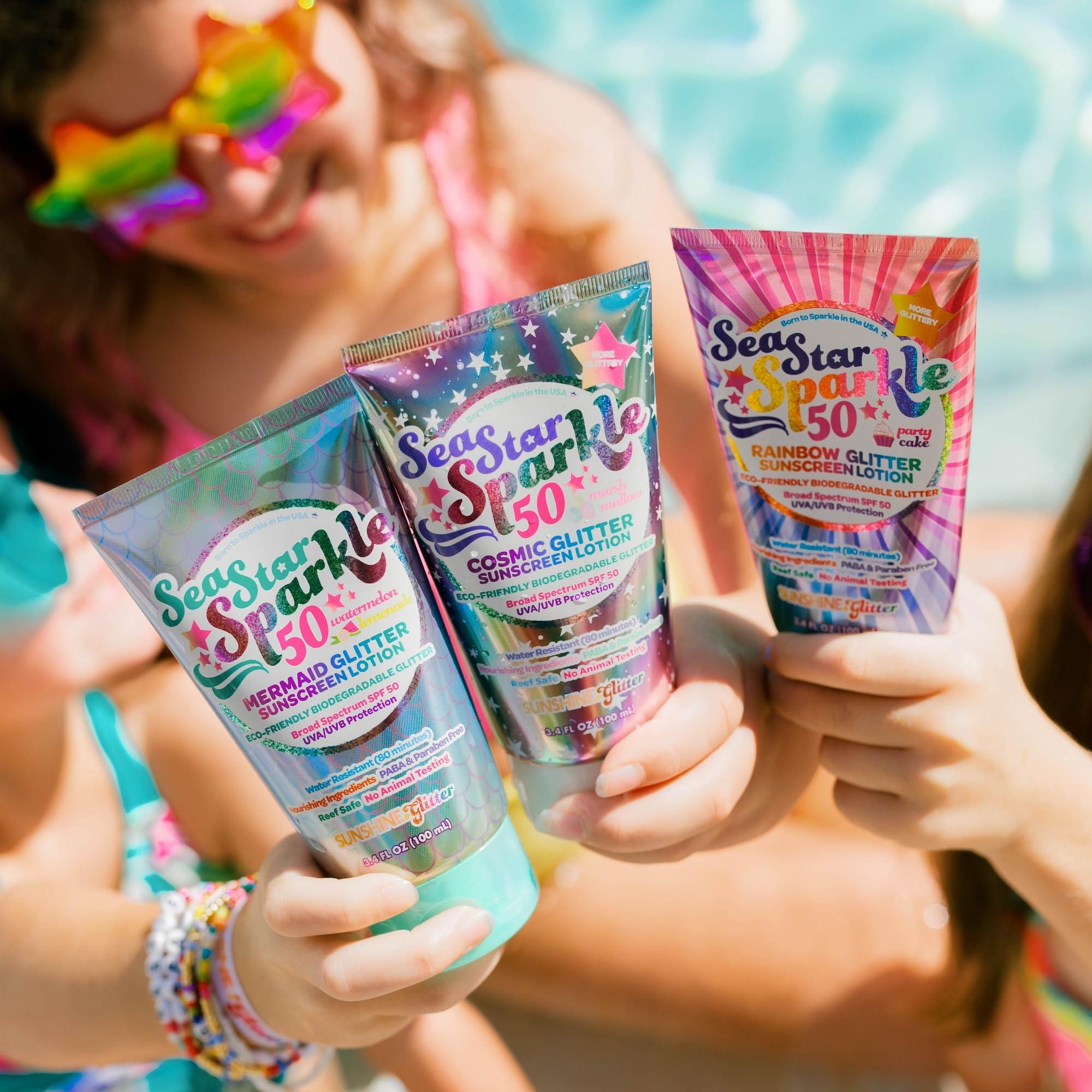 Sunshine & Glitter Seastar Sparkle - Cosmic Marshmallow Scented Glitter Sunscreen Lotion - SPF 50 - Biodegradable Sunscreen, Kids, Water Resistant, Glitter lotion, Cruelty Free, Kids Lotion, Made in USA, 3.4oz