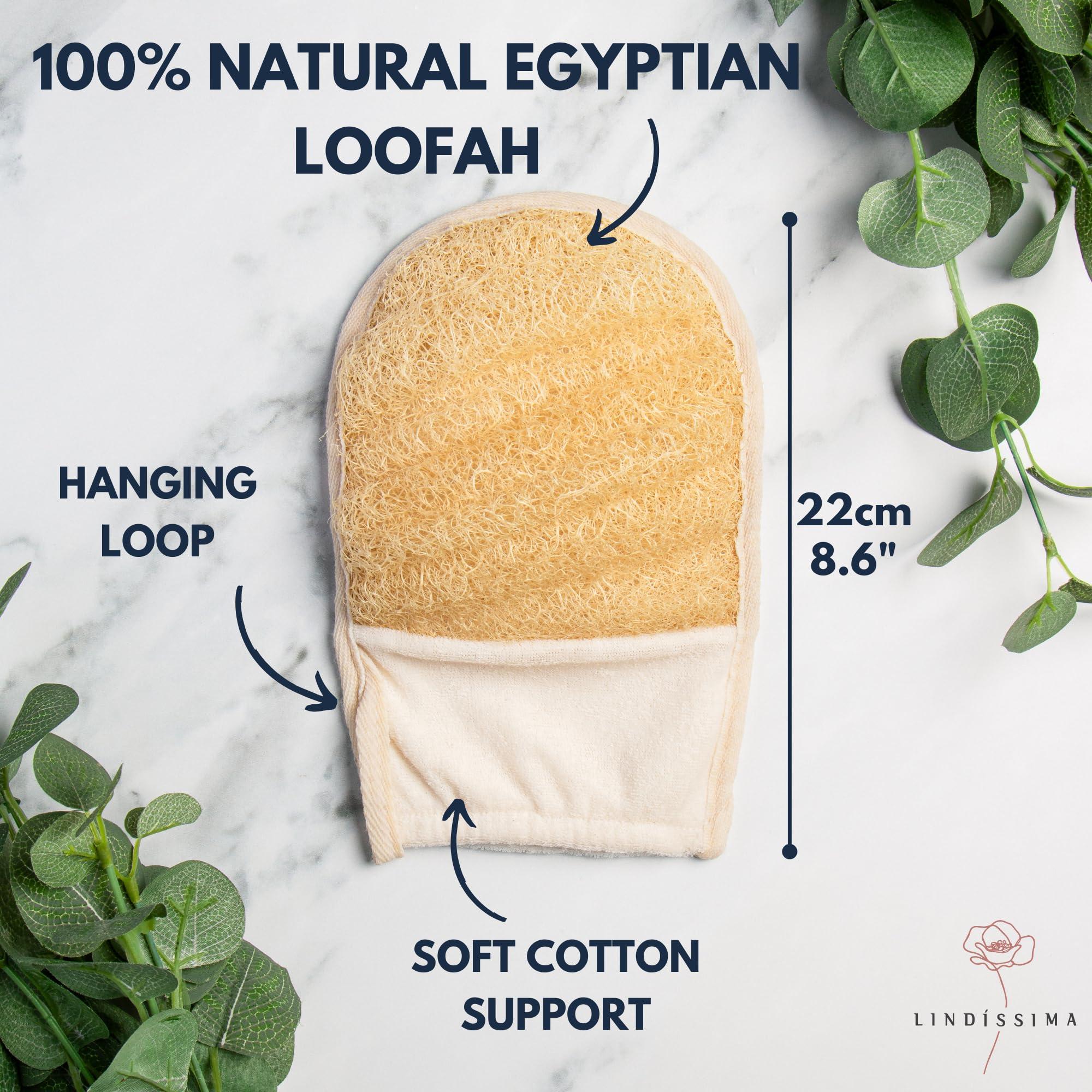 LINDISSIMA 100% Natural Exfoliating Loofah Mitt, A Shower Loofah Glove Crafted with Eco-Friendly Egyptian Loofa, Lufas for Women and Men, Luffa Bath Sponge Exfoliator Skin Wash