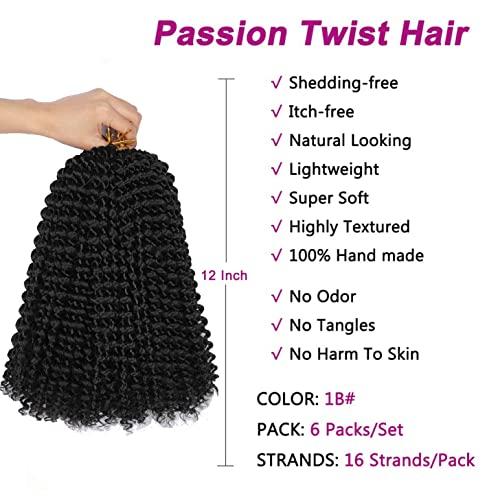 Re4U Hair Re4U Hair Short Passion Twist 12 Inch, 6 Packs Water Wave Crochet For Black Women, Soft Twists Braiding Butterfly Locs Braids, Bohemian Curly Extensions (1B#,6 Packs)