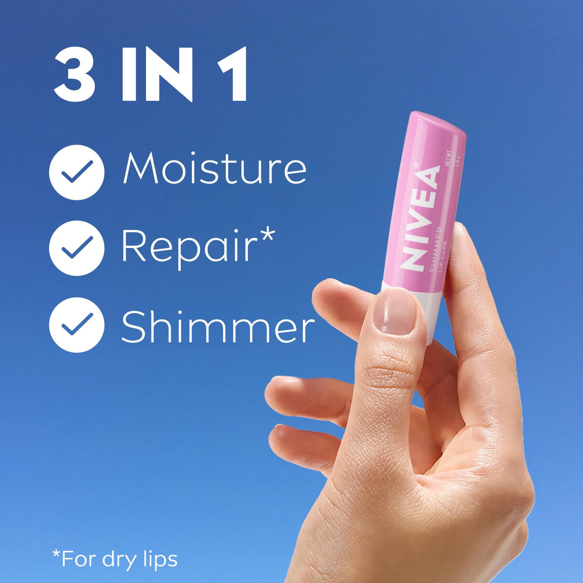 NIVEA NIVEA Shimmer Lip Care, Shimmer Lip Balm with Shea Butter, Nourishing Oils and Vitamin C & E, 3-in-1 Moisture, Repair (for Dry Lips) and Shimmer, 0.17 Oz Stick