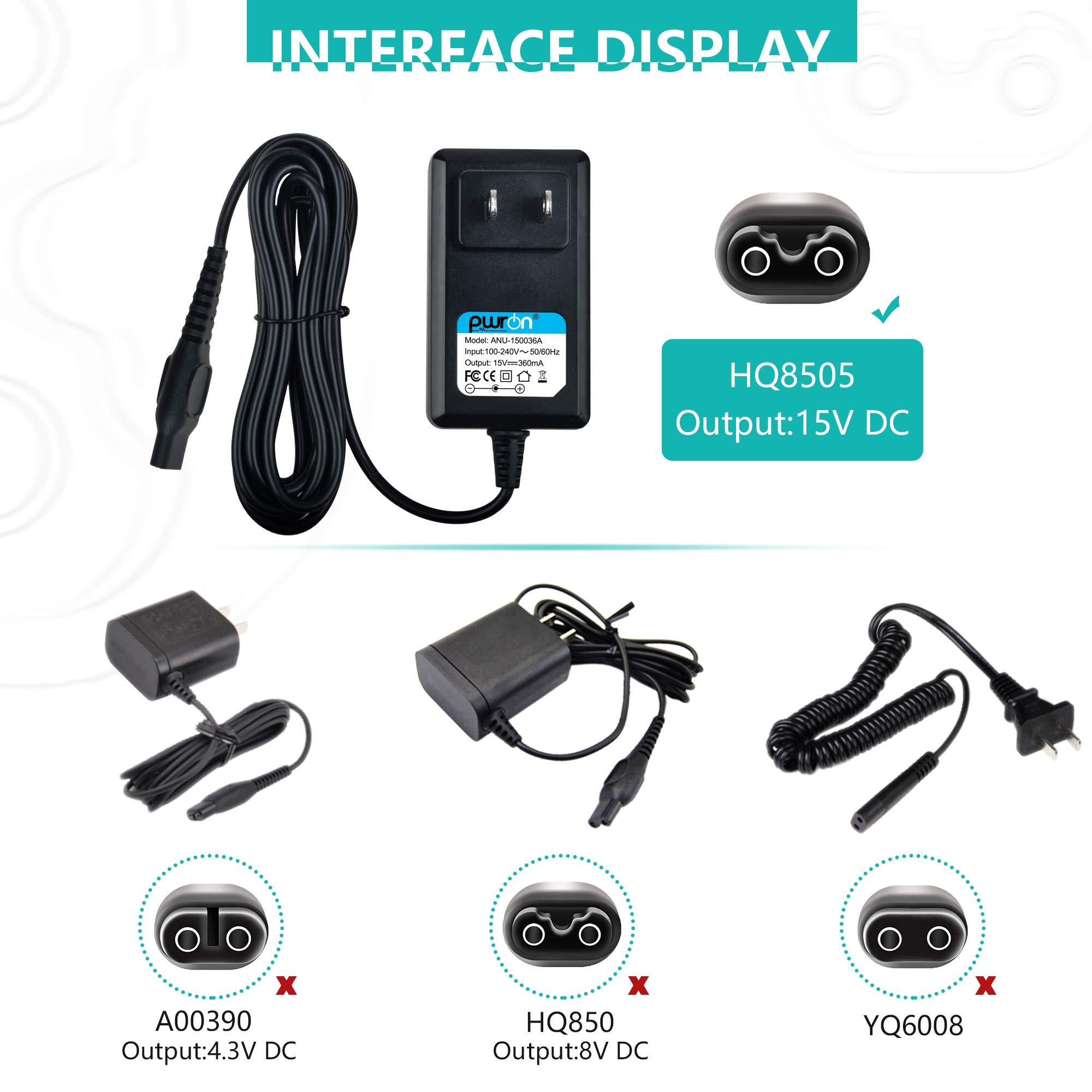 PwrON PwrON Philips Razor Charger, 15V 5.4W AC DC Adapter (6.6ft) Fits for Philips Norelco HQ8505/8500X Shaver Razor HQ RQ QC QT at PT XL HS Series, HQ6070 AT810 PT720 RQ1250 S5000 7867XL QT4050 YS524