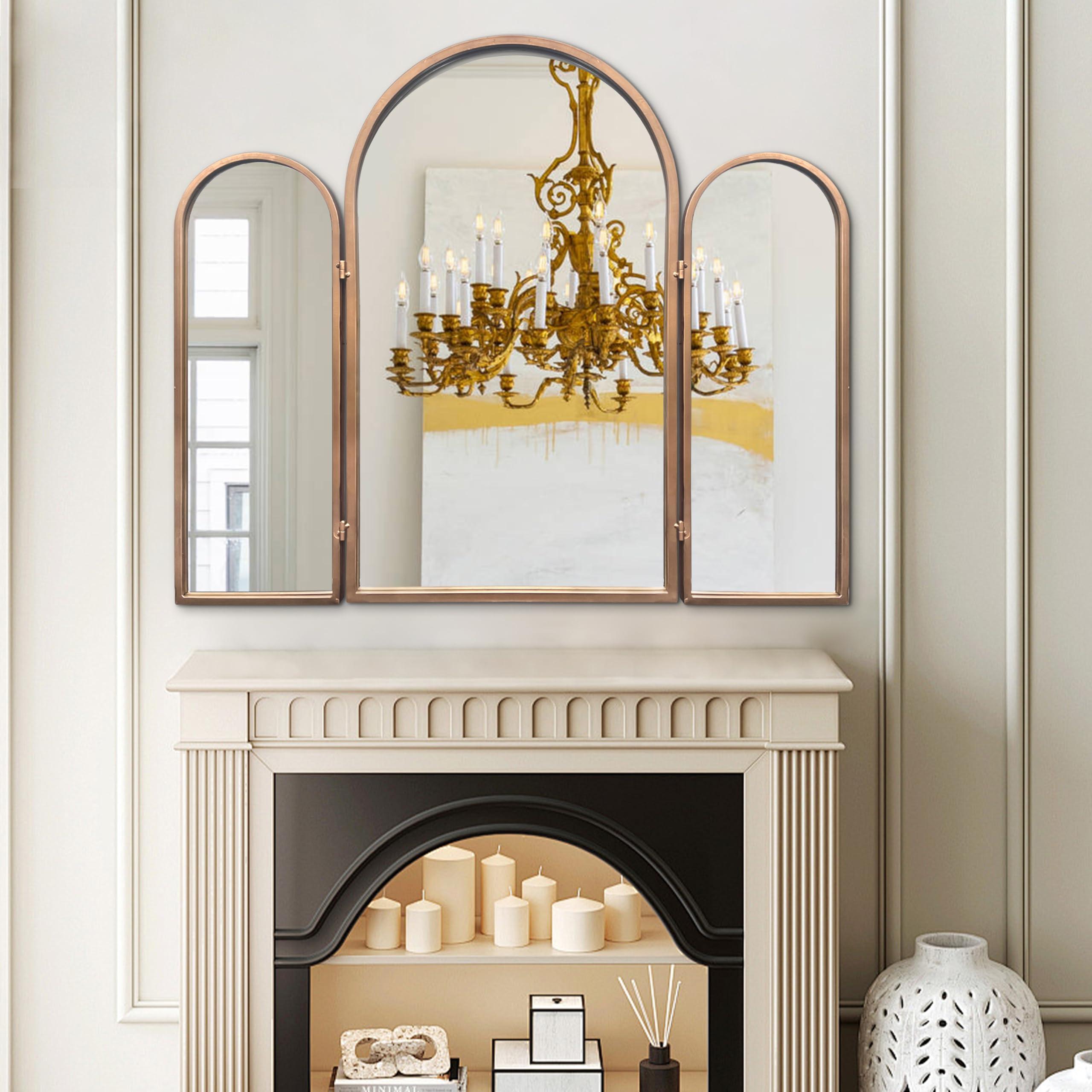 BAODANFU BAODANFU 3 Way Mirror Bathroom, Trifold Vanity Mirrors for Bathroom Bedroom, Large Arch Mirrors Decorative Vintage Gold, Adjustable Makeup Mirror for Braiding Hair 360 Way Tabletop & Wall Mounted