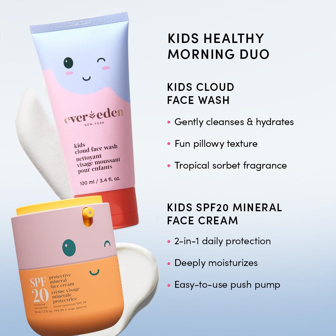 Evereden Kids Happy Morning DUO: Clean & Vegan Skin Care for Kids Bundle | Kids Skin Care Cloud Face Wash + SPF 20 Mineral Face Cream | Non-Toxic | Non-Comedogenic | Fun | Easy-to-Use Skincare for Kids