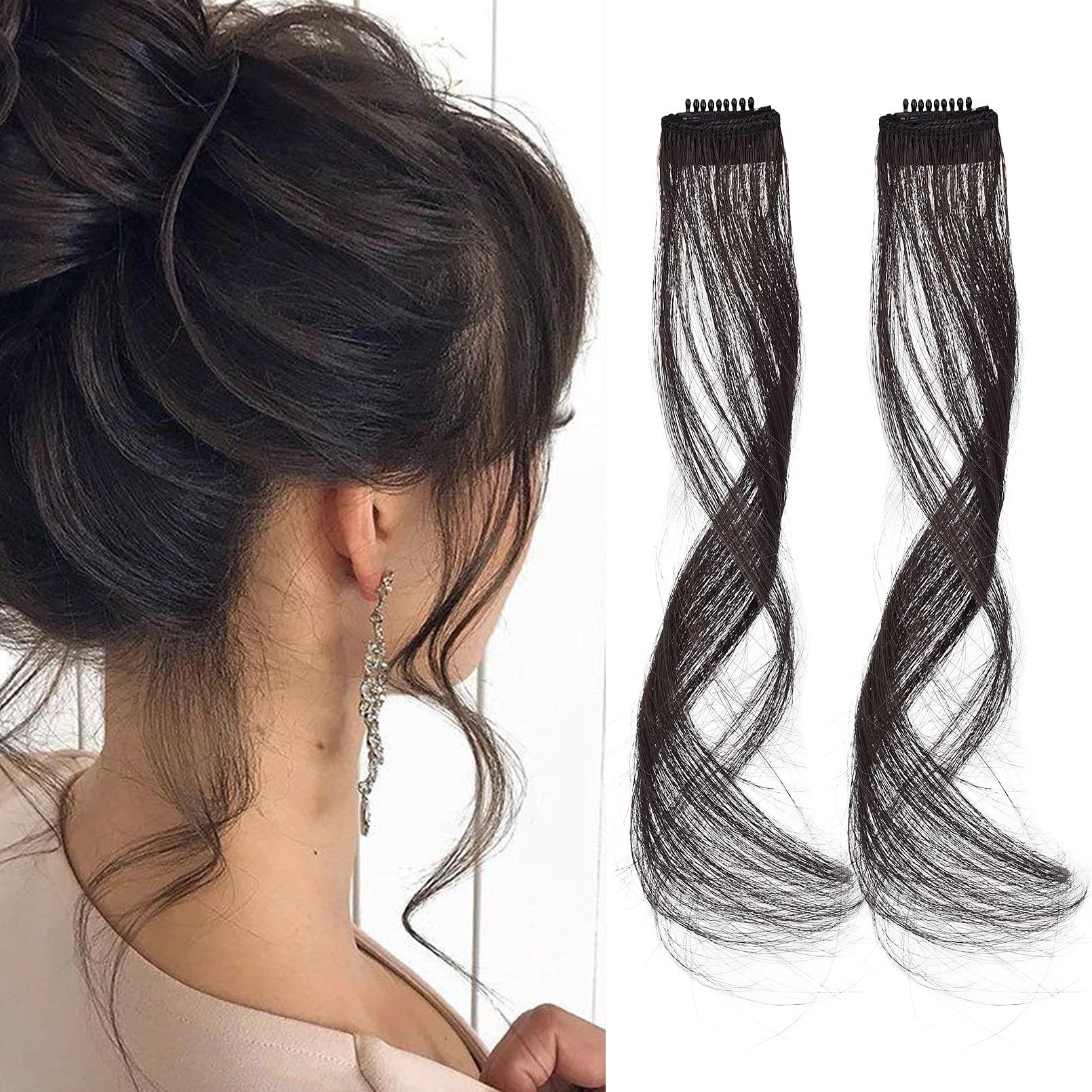 REECHO REECHO Long Side Air Bangs, Wavy Curly Clip in Curtain Bangs Front Side Bangs Face-Framing Highlights for Women Daily Use 2 PCS Set Long Temples-Black Brown