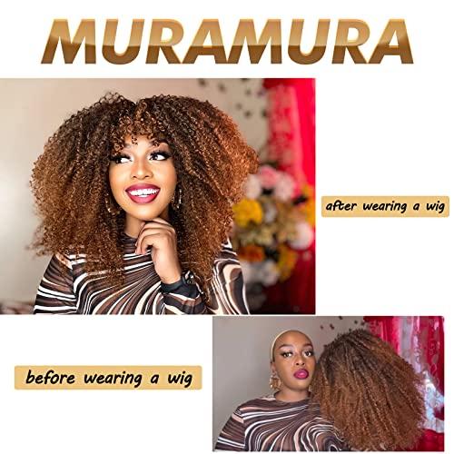 MURAMURA HAIR MURAMURA HAIR 18Inch Long Curly Wig With Bangs for Black Women Afro Bomb Kinky Curly Wig Fluffy and Soft Synthetic HairBlack to Brown