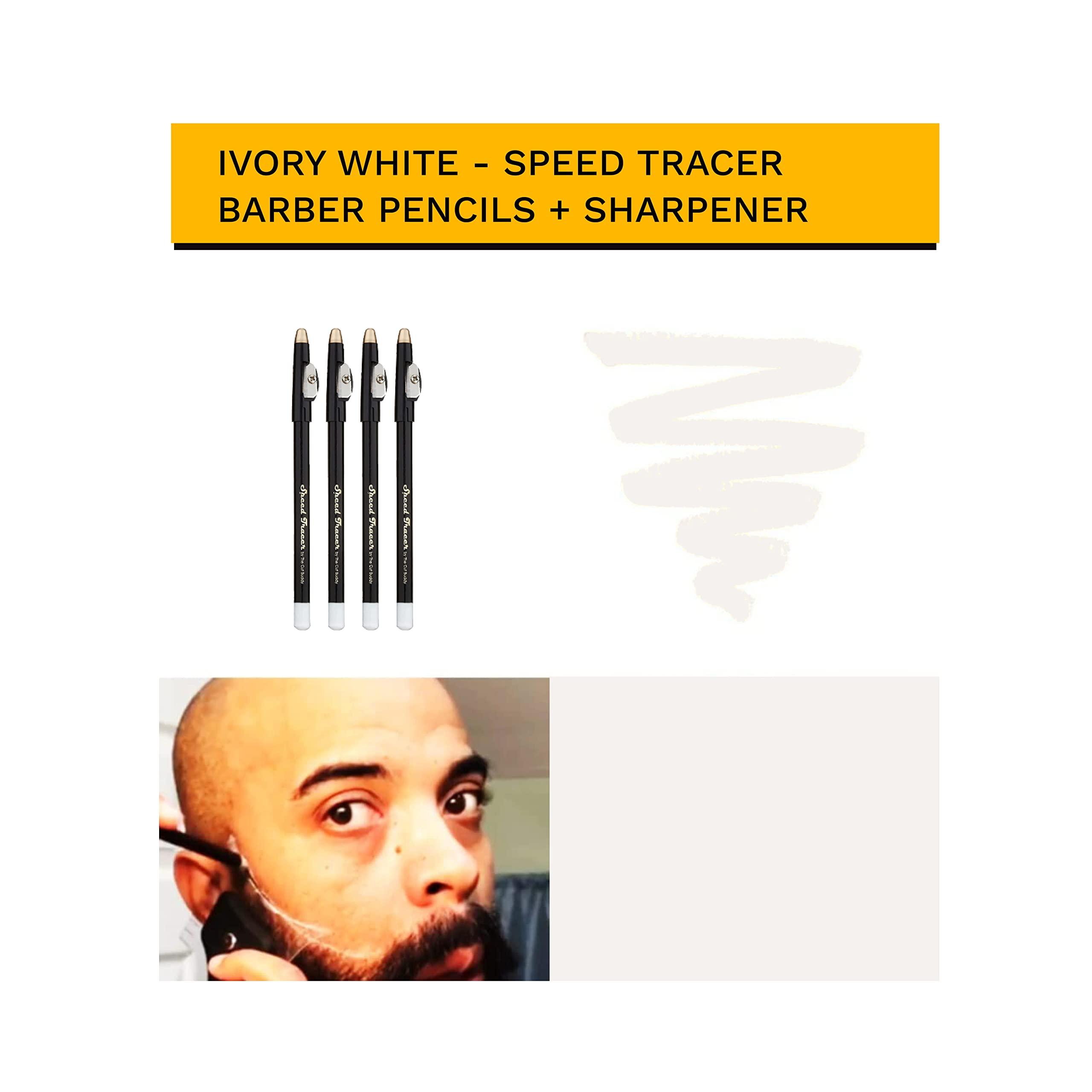 The Cut Buddy White Speed Tracer Barber Pencil 4 Pack + Sharpener, Outline Beard Before Trimming for Shaping Tools, Guides, Hair Trimmer, & Shaver, Cut Buddy