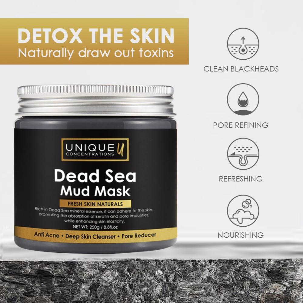 UNIQUE CONCENTRATIONS Dead Sea Mud Mask for Face and Body - Deep Cleansing, Exfoliating, Detoxifying for Acne, Blackheads, Oily Skin, and Pore Clearing - 100% Natural Mineral-Rich Formula for Men and Women - 8.8 oz