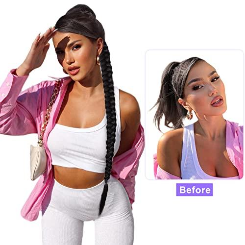 WIGNEE WIGNEE 34 Inches Long Braided Ponytail Black Hair Extensions Extension Drawstring Ponytail for Black Women Fake Braid Ponytail (1B)