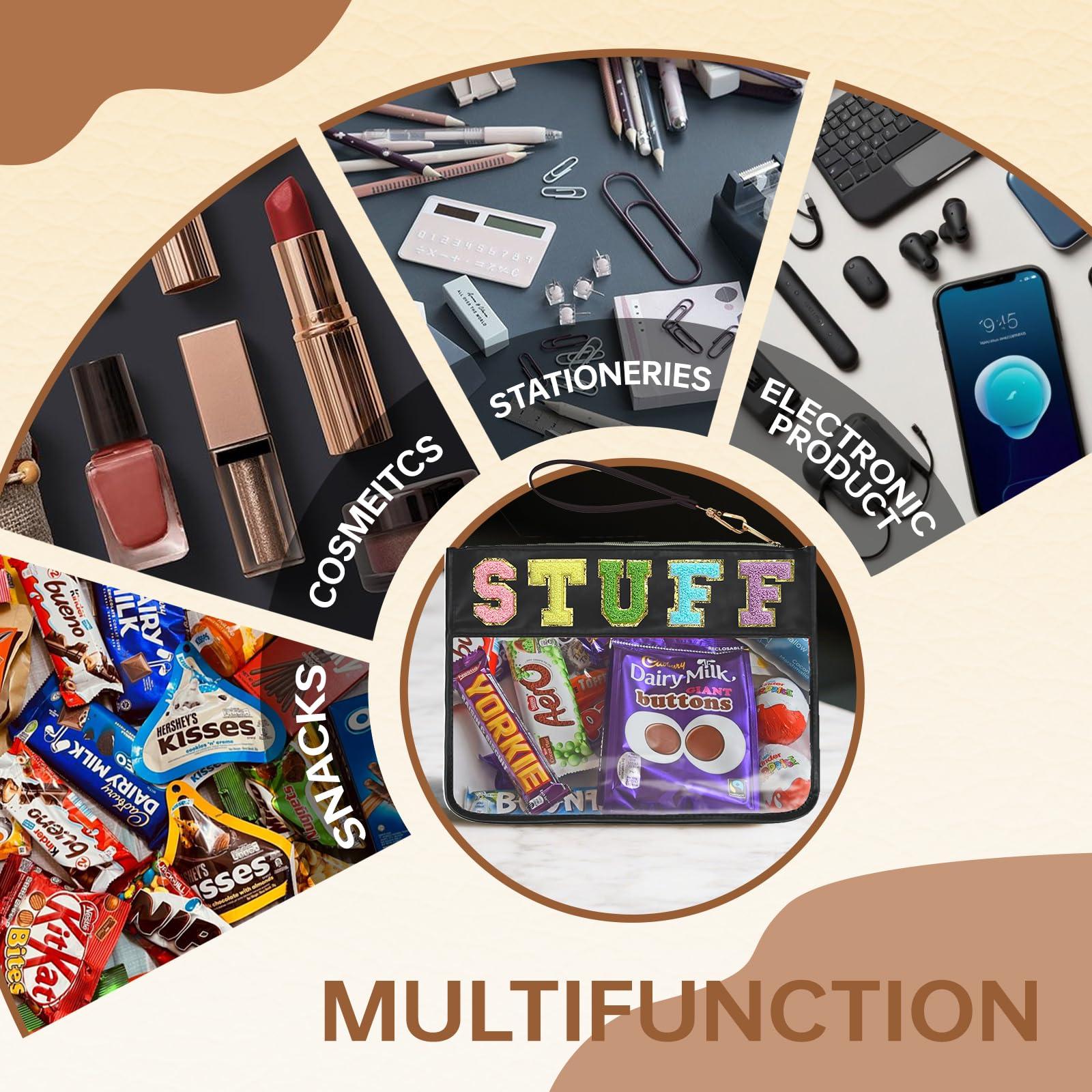 Burskit Burskit Chenille Letter Clear Zipper Pouch for Travel Preppy Stuff Bag Aesthetic Storage Organizer Pouches for Women with Glitter Patch Letters (Black-Stuff)