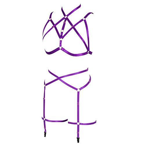PUKHSS Women Body Harness Strappy High Elasticity Full Body Set with Cup Set for Valentine's Day Present (Purple)