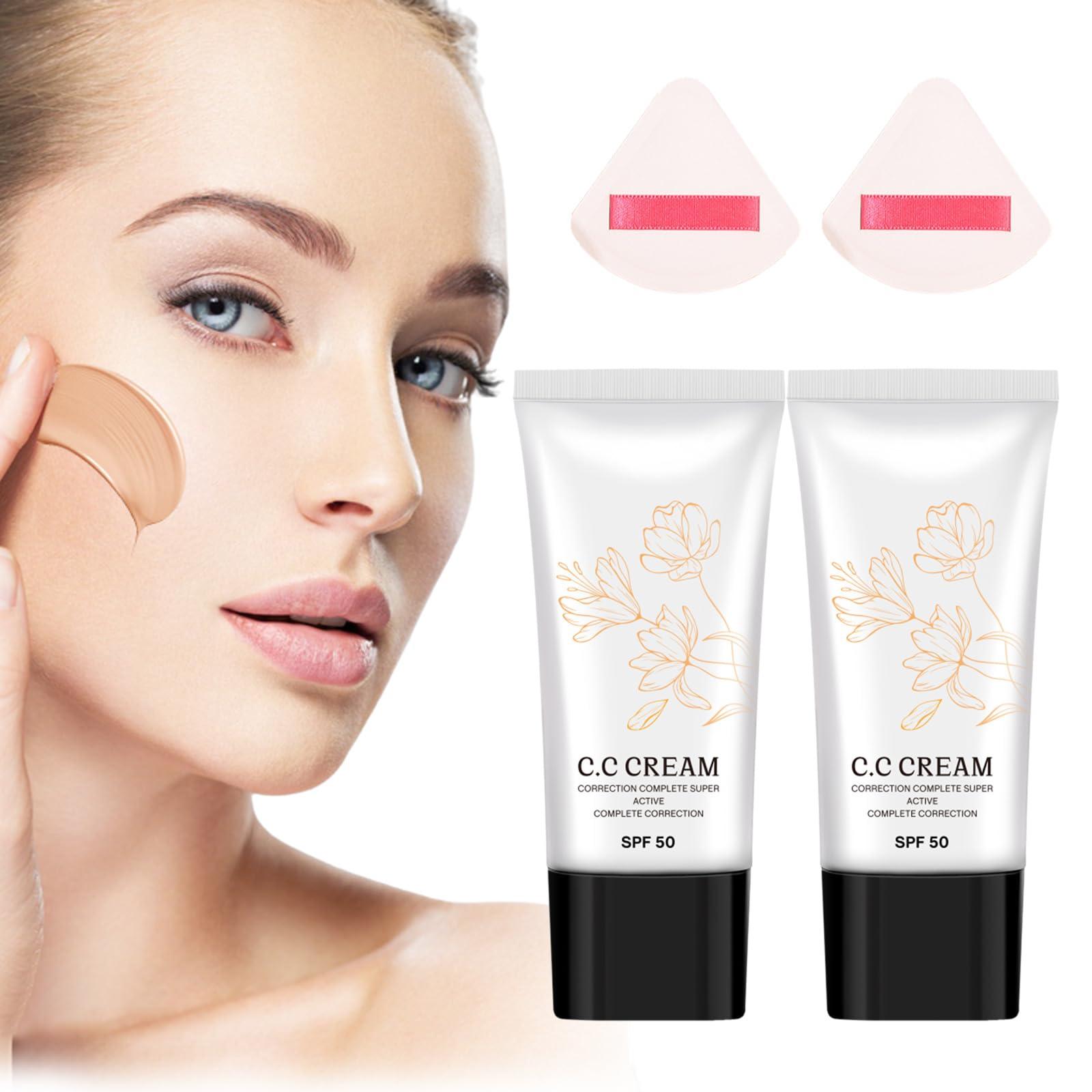 Korean Cc Cream Korean Cc Cream Self Adjusting for Mature Skin, Cc Cream Tinted Moisturizer with Spf 50 Full Coverage, Organic Cc Cream Sunscreen Foundation and Concealer for Face and Body Color Correcting (2PCS)