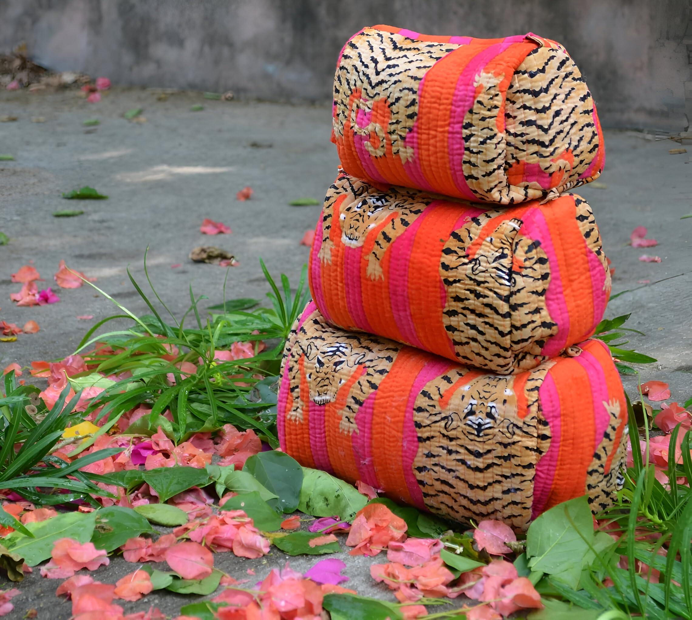 Generic Tiger Print Makeup Bag Set of 3 Pieces Indian Quilted Wash Bag Travel Organizer Kit Storage Bag for Women Makeup Bag Travel Cosmetic Bag