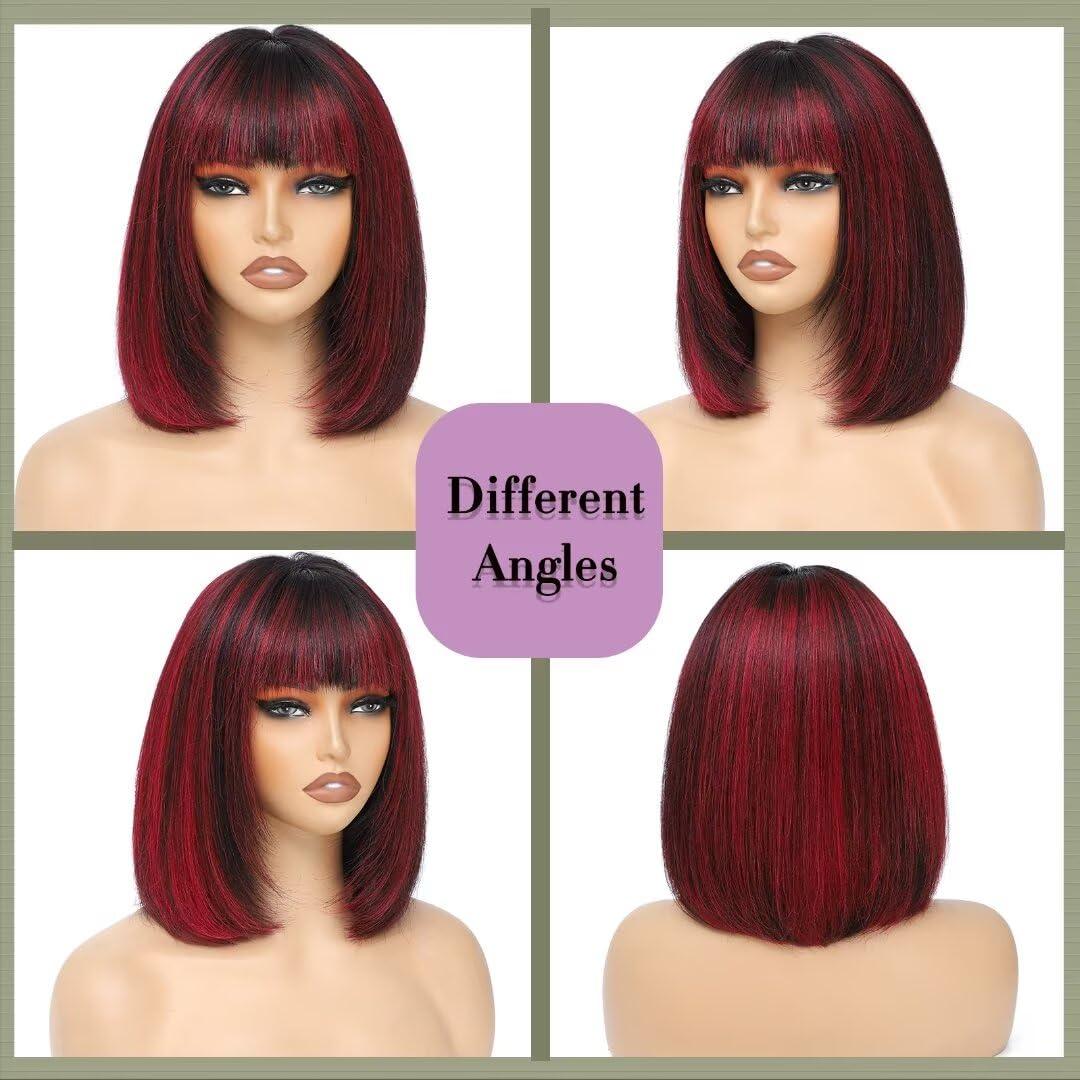 Aliesencia Aliesencia Bob Wig with Bangs Human Hair Wigs 12inch Straight Layered Bob Wigs with Bangs Human Hair 1B/99J# Highlight Glueless 2.5x1inch Lace Human Hair Wigs for Black Women(2378 1B/99J# 12inch)