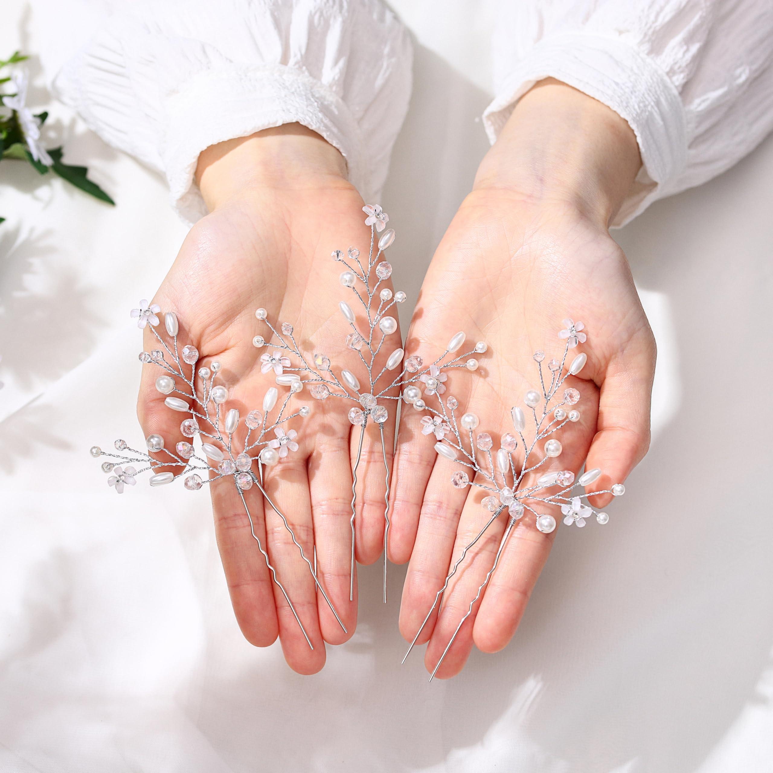 EVILD EVILD Bride Wedding Pearl Hair Pins Sliver Crystal Hair Piece Flower Bridal Hair Accessories for Women(Pack of 3)
