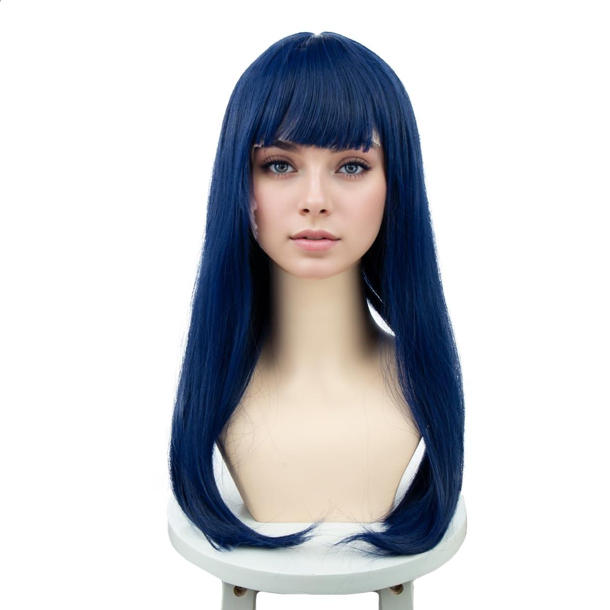Edivd Edivd Dark Blue Wig for Kids Long Navy Blue Wig with Air Bangs for Girls Child Long Blue Straight Wig Heat Resistant Synthetic Wig with Wig Cap