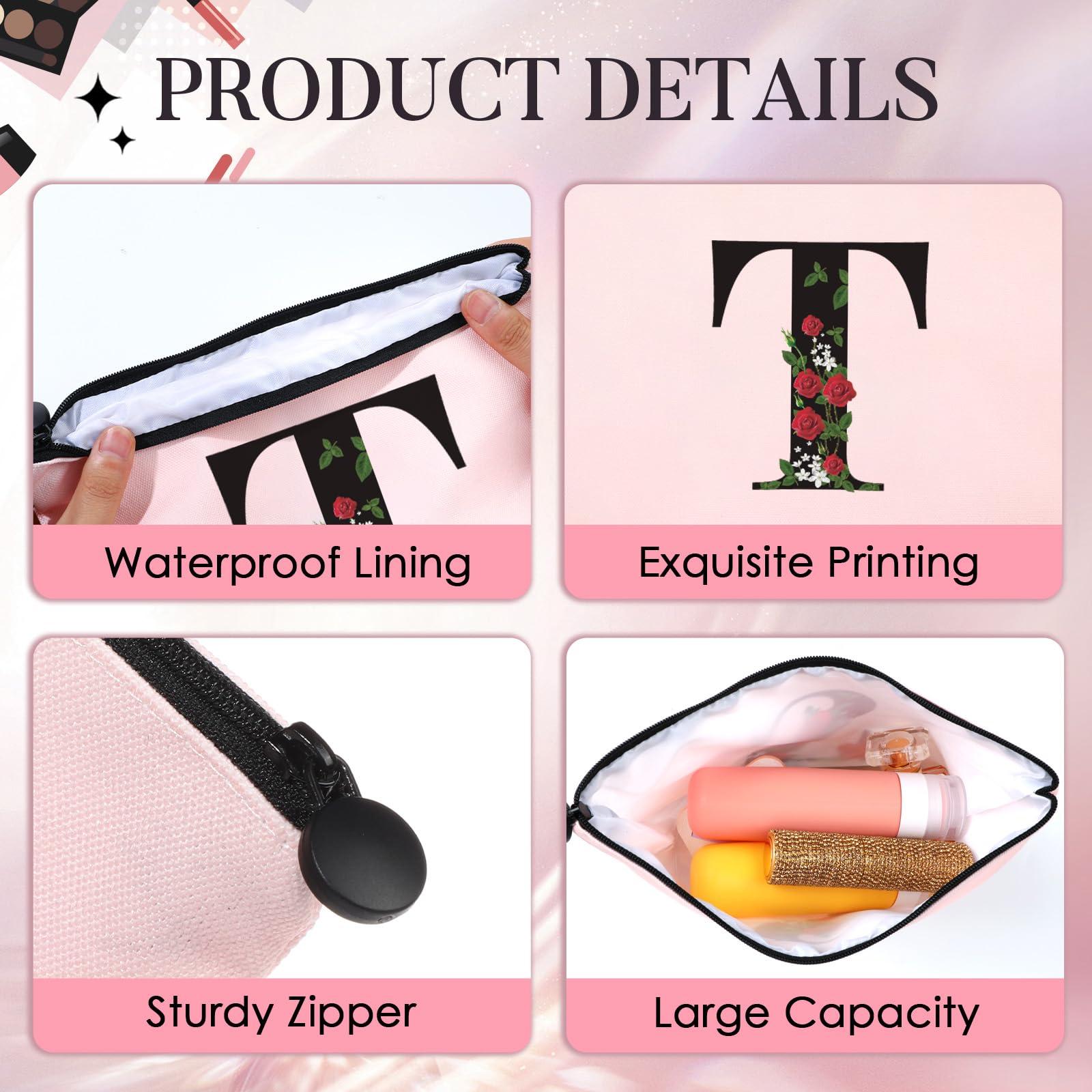 YESMET Personalized Makeup Bag, Initial Letter T Makeup Bag for Women Girl Christmas Gift Monogram Cosmetic Bag Pink Personalized Toiletry Pouch, For Mom Grandma Sister Friends Thanksgiving Christmas Gift
