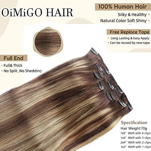 OiMiGO Human Hair Extensions Clip in, 5pcs 70g Chocolate Brown to Strawberry Blonde, OiMiGO Ombre Clip ins Hair Extensions Real Human Hair Straight Natural Hair Extensions with 12 Clips (#4T4P27,22Inch)