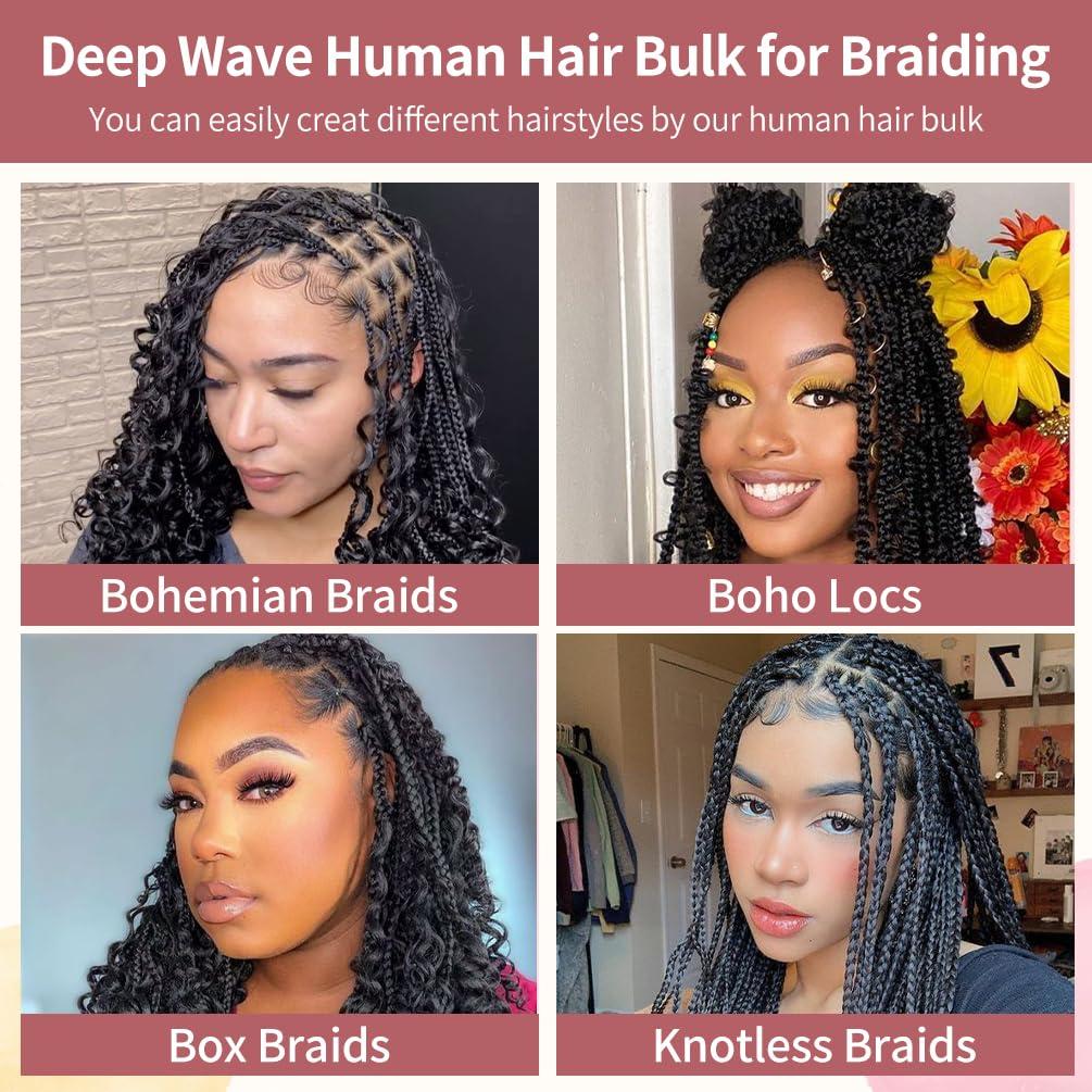 ISWEET 1 Bundle Human Braiding Hair for Boho Braids, 22Inch 60G 10A Brazilian Virgin Deep Wave Bulk Human Hair for Braiding, Wet And Wavy No Weft Curly Braiding Hair for Boho Knotless Braids